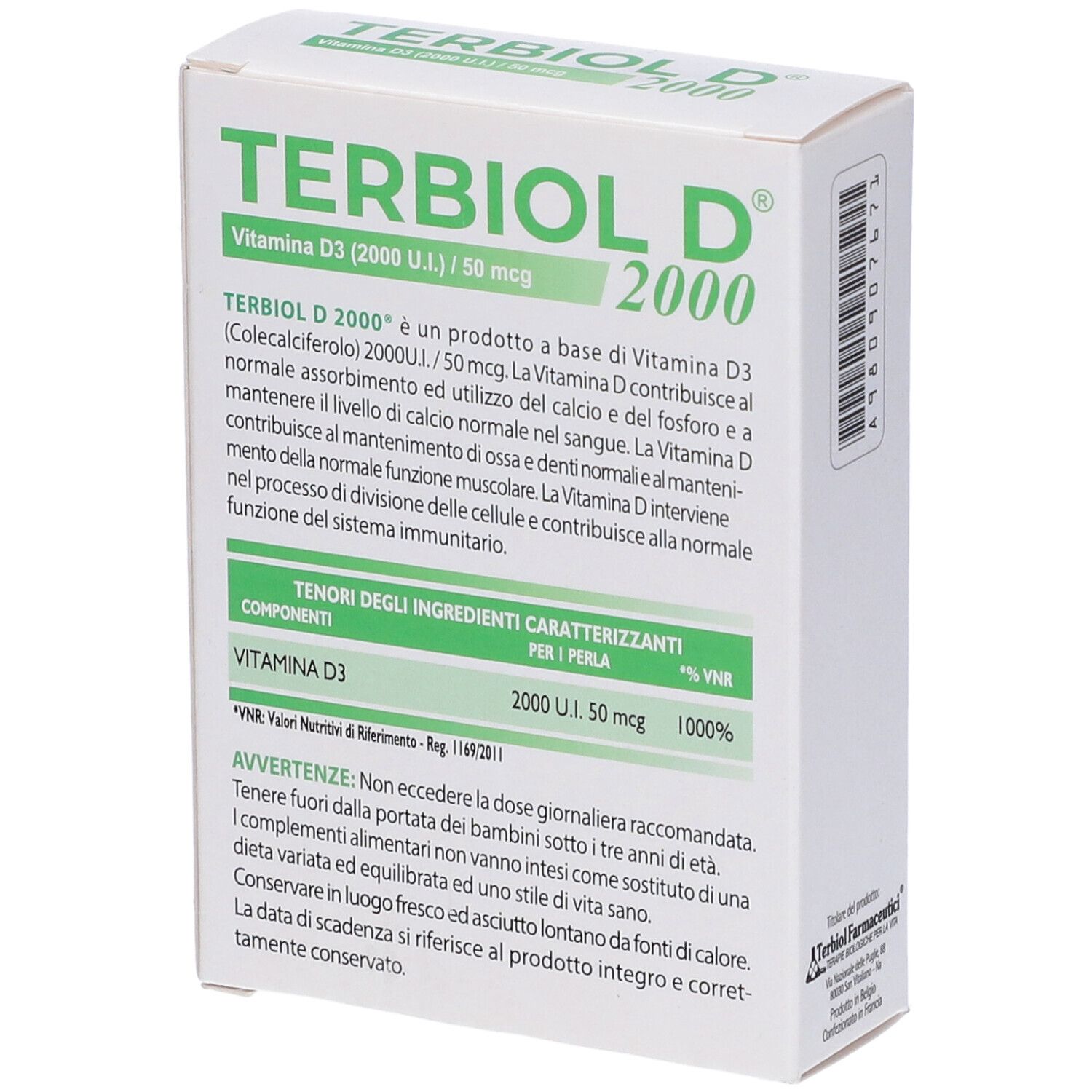 Retro della confezione Terbiol D 2000. Contiene informazioni sugli ingredienti e il dosaggio. Scritta: Vitamina D3 (2000 U.I.) / 50 mcg.
