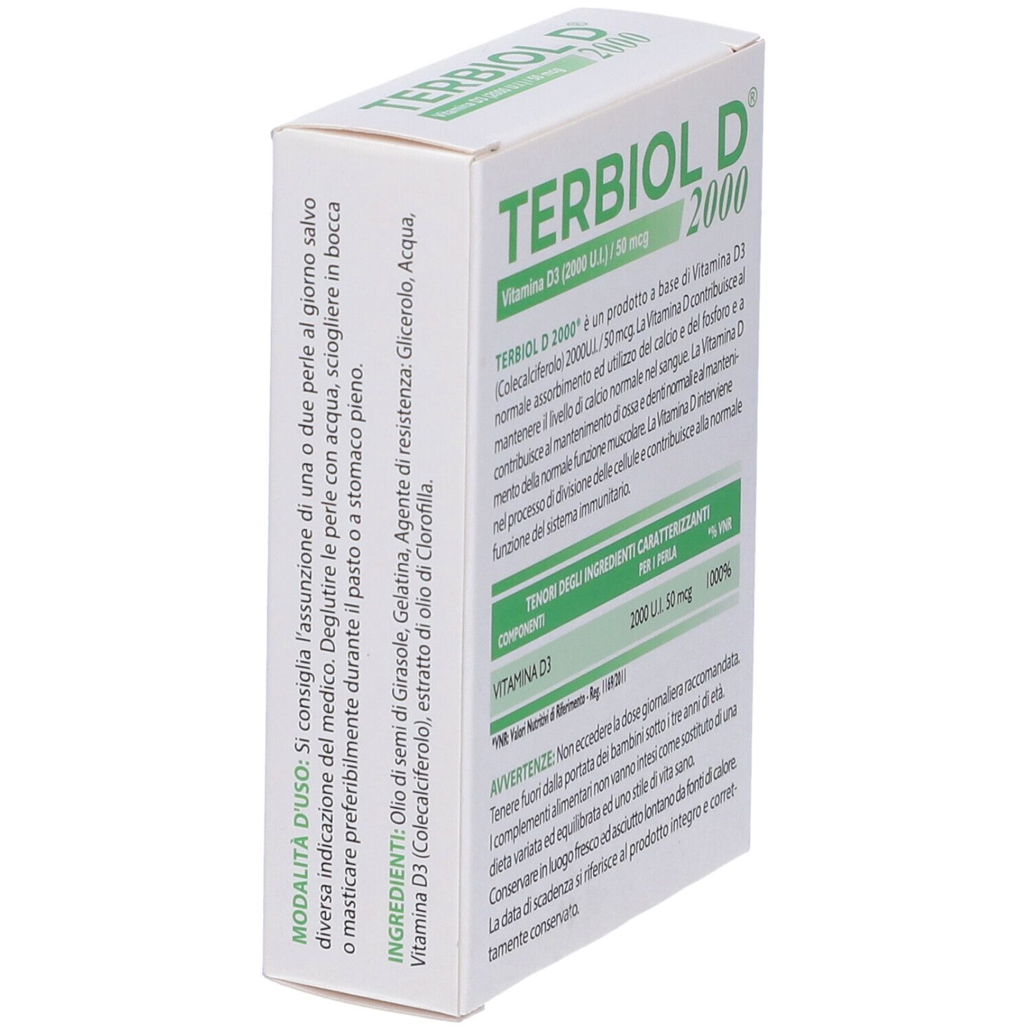 Vista obliqua della confezione Terbiol D 2000. Contiene informazioni sugli ingredienti e il dosaggio. Scritta: Vitamina D3 (2000 U.I.) / 50 mcg.