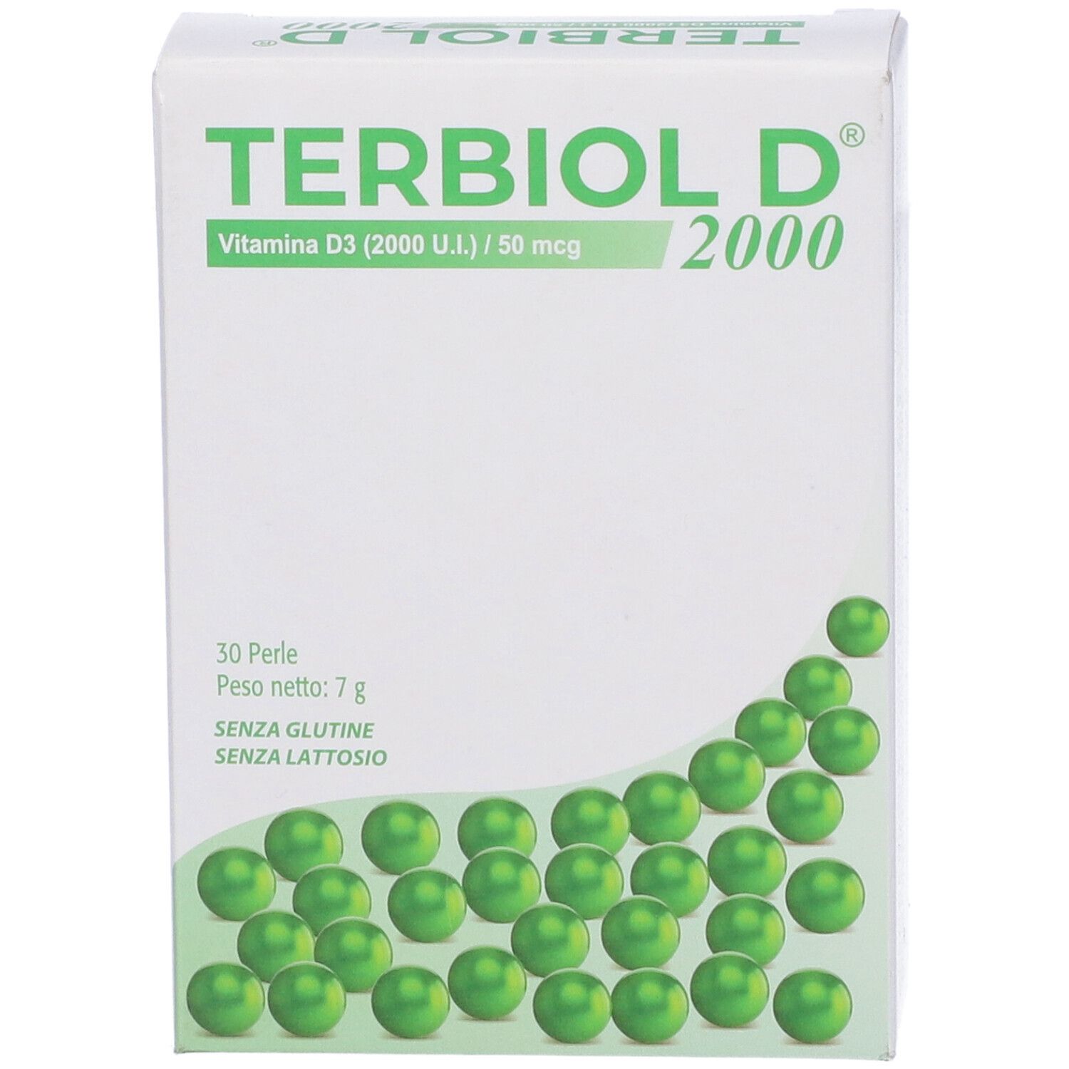 Confezione di Terbiol D 2000 con perle verdi. Contiene 30 perle. Scritta: Vitamina D3 (2000 U.I.) / 50 mcg. Senza glutine e lattosio.