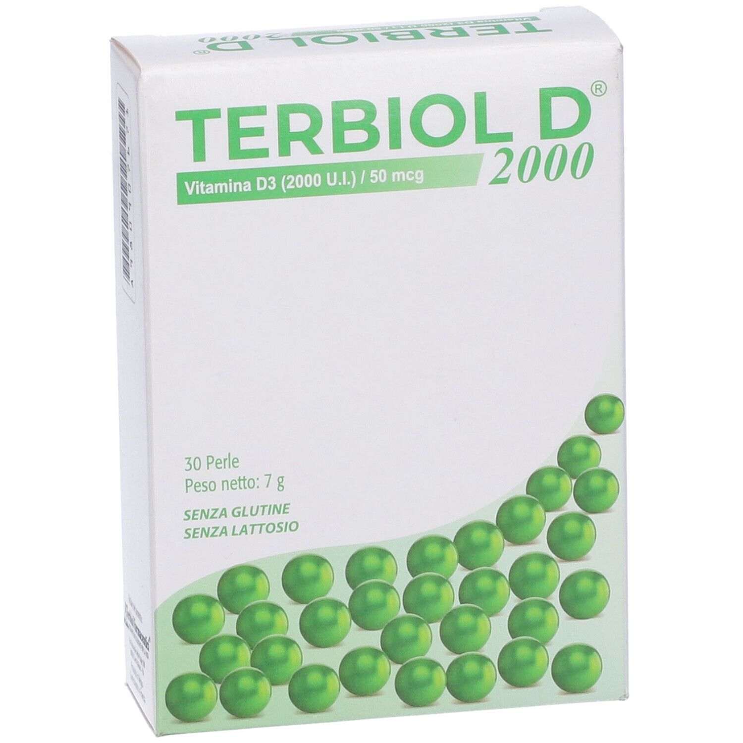 Confezione di Terbiol D 2000 con perle verdi. Contiene 30 perle. Scritta: Vitamina D3 (2000 U.I.) / 50 mcg. Senza glutine e lattosio.