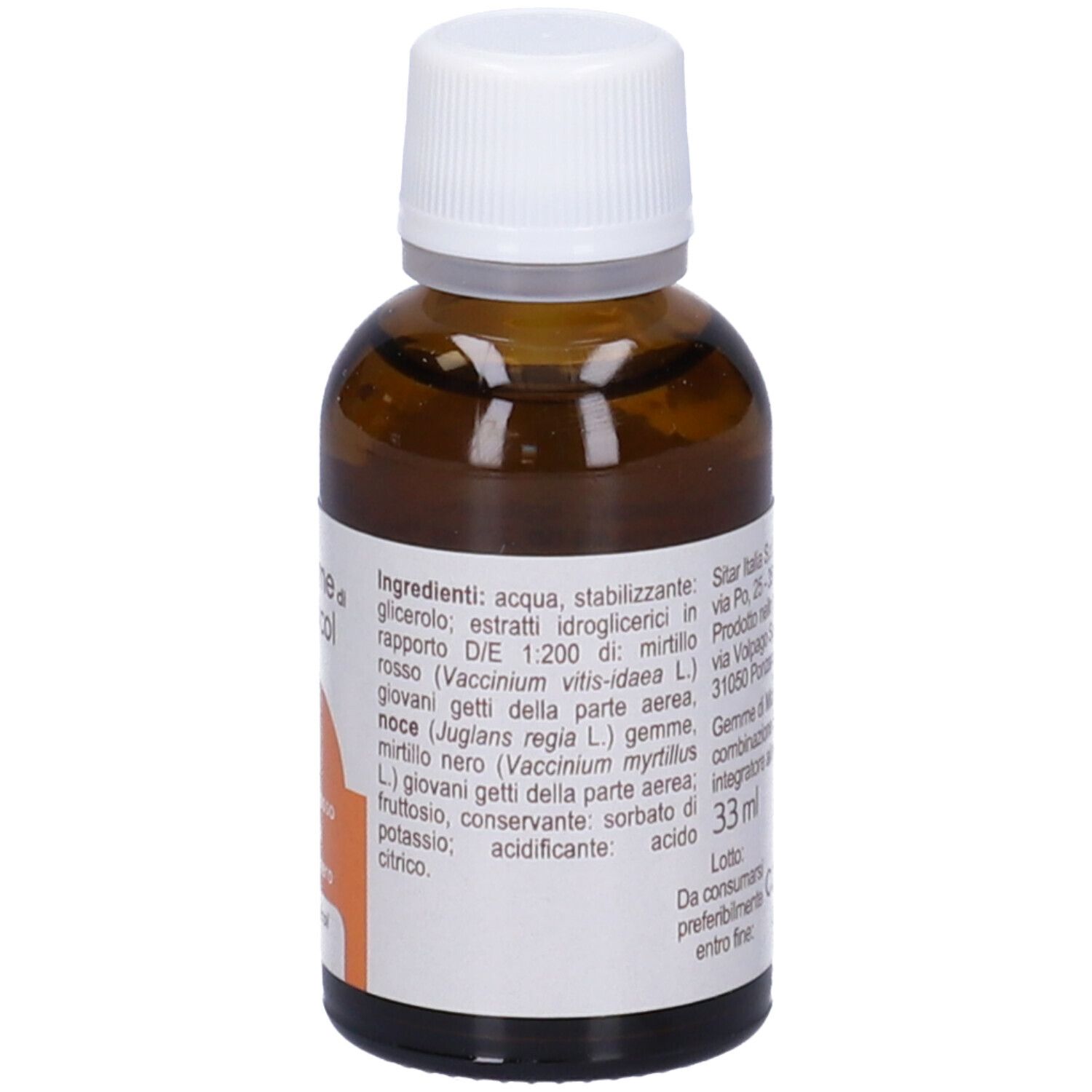 Flacone in vetro marrone con tappo bianco. Etichetta con ingredienti e volume di 33 ml.