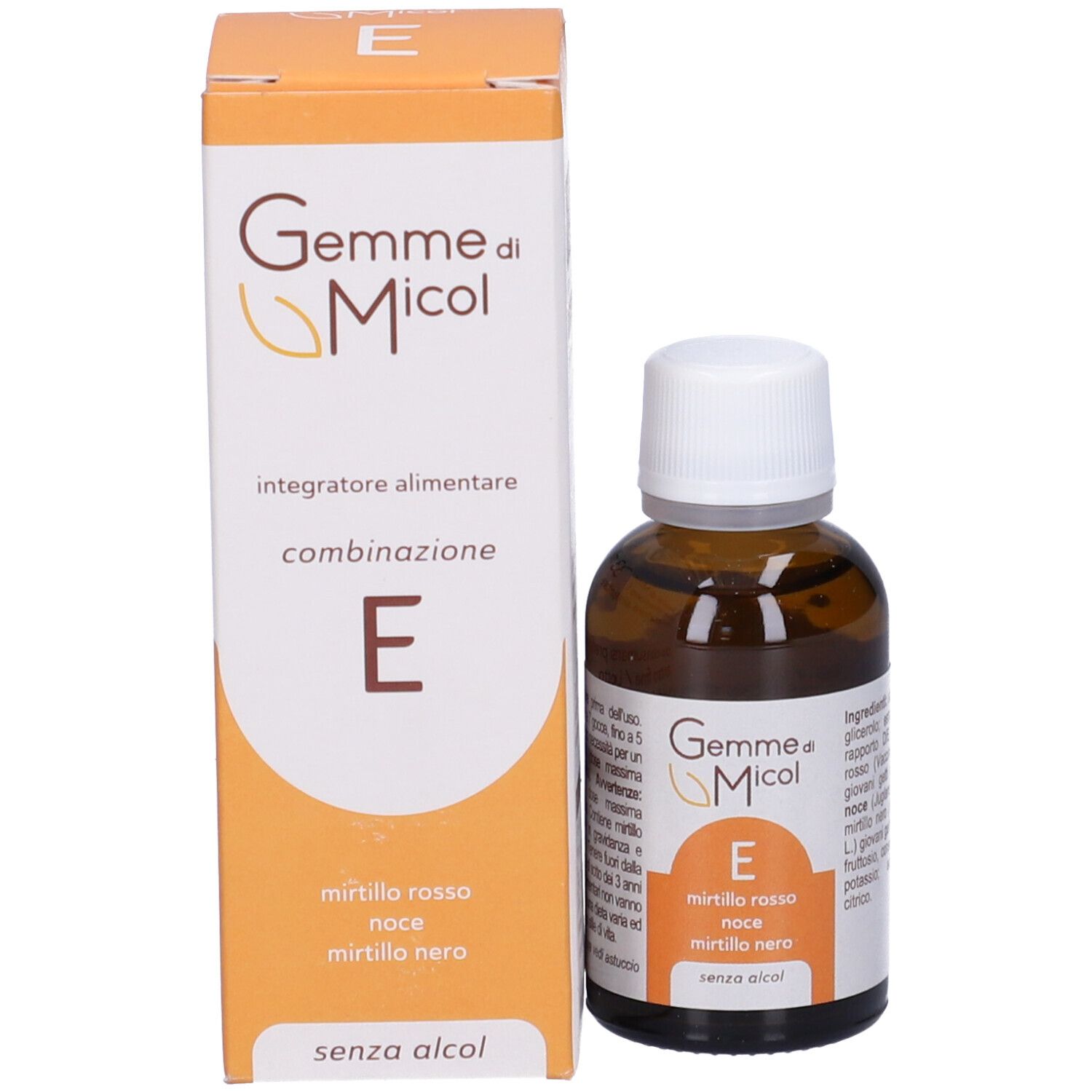 Flacone e scatola Gemme di Micol Combinazione E. Flacone con tappo bianco, scatola arancione.