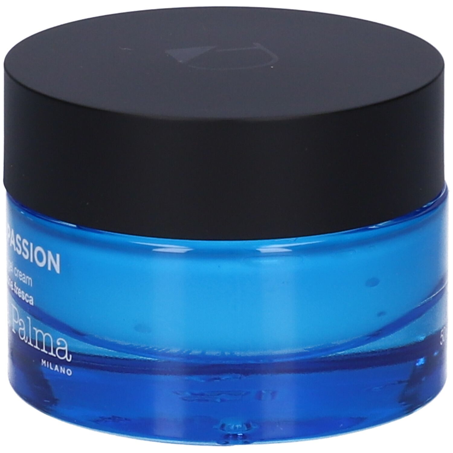 Vasetto di crema gel blu con coperchio nero. Scritta: PASSION, Diego dalla Palma Milano.