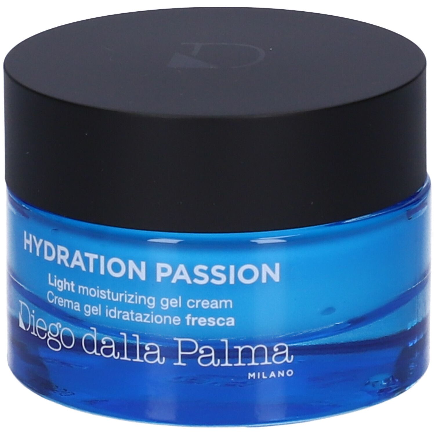 Vasetto di crema gel blu con coperchio nero. Scritta: HYDRATION PASSION, Diego dalla Palma Milano.