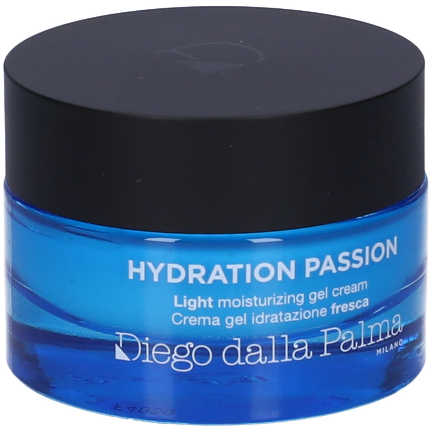 Vasetto di crema gel blu con coperchio nero. Scritta: HYDRATION PASSION, Diego dalla Palma Milano.