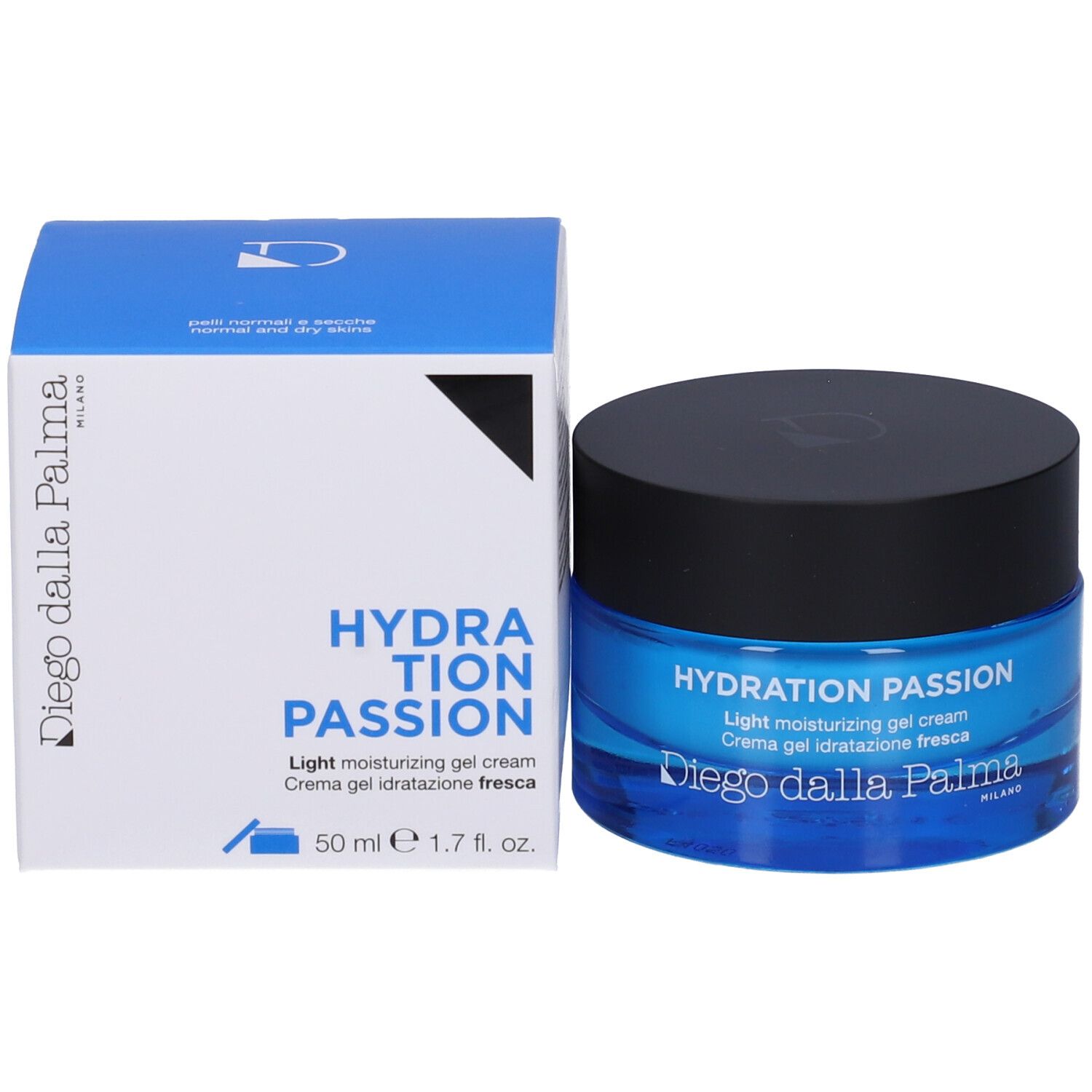 Vasetto di crema gel e confezione. Scritta: HYDRATION PASSION, Diego dalla Palma Milano, 50 ml.