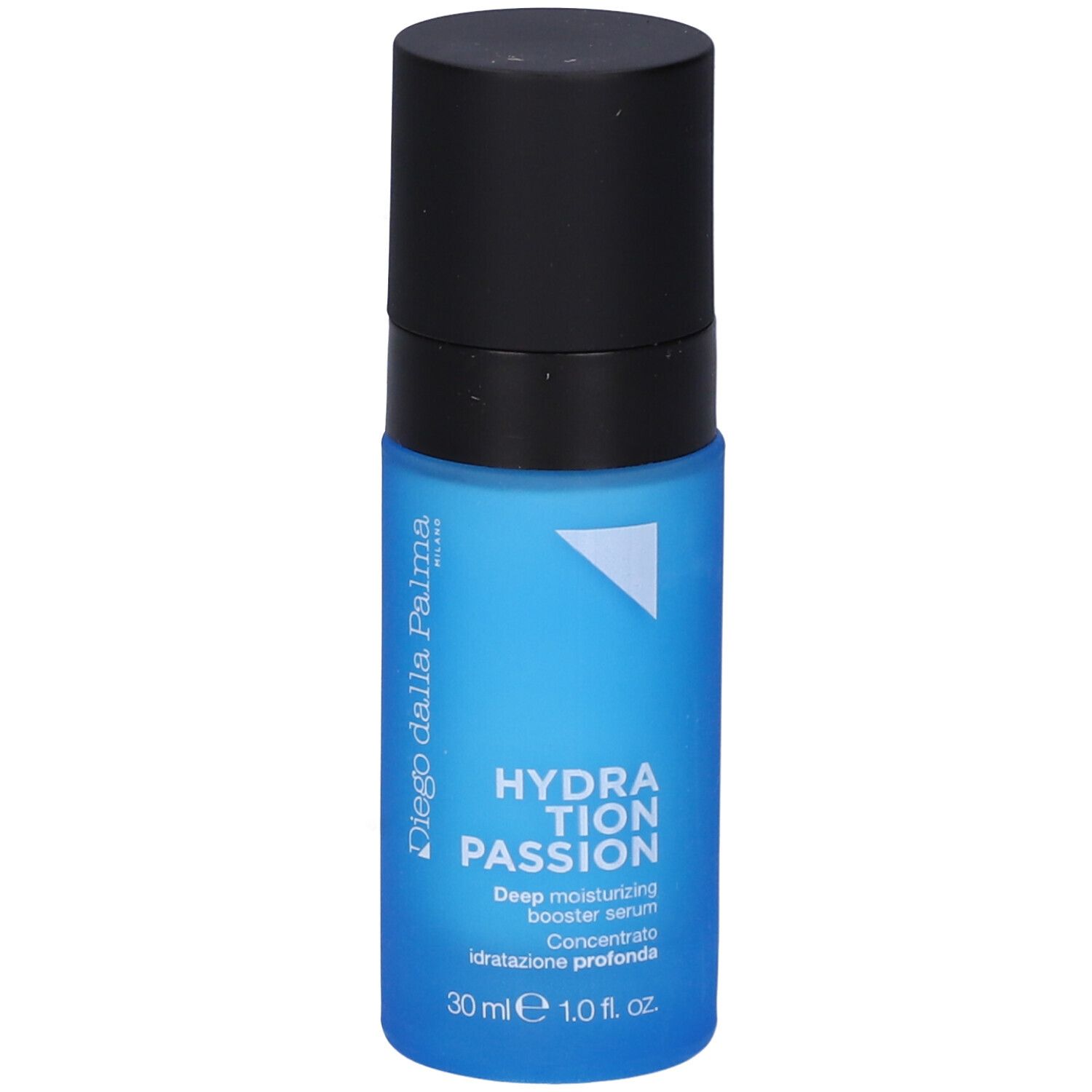 Flacone blu trasparente con tappo nero. Scritta: HYDRATION PASSION, Deep moisturizing booster serum, 30 ml.