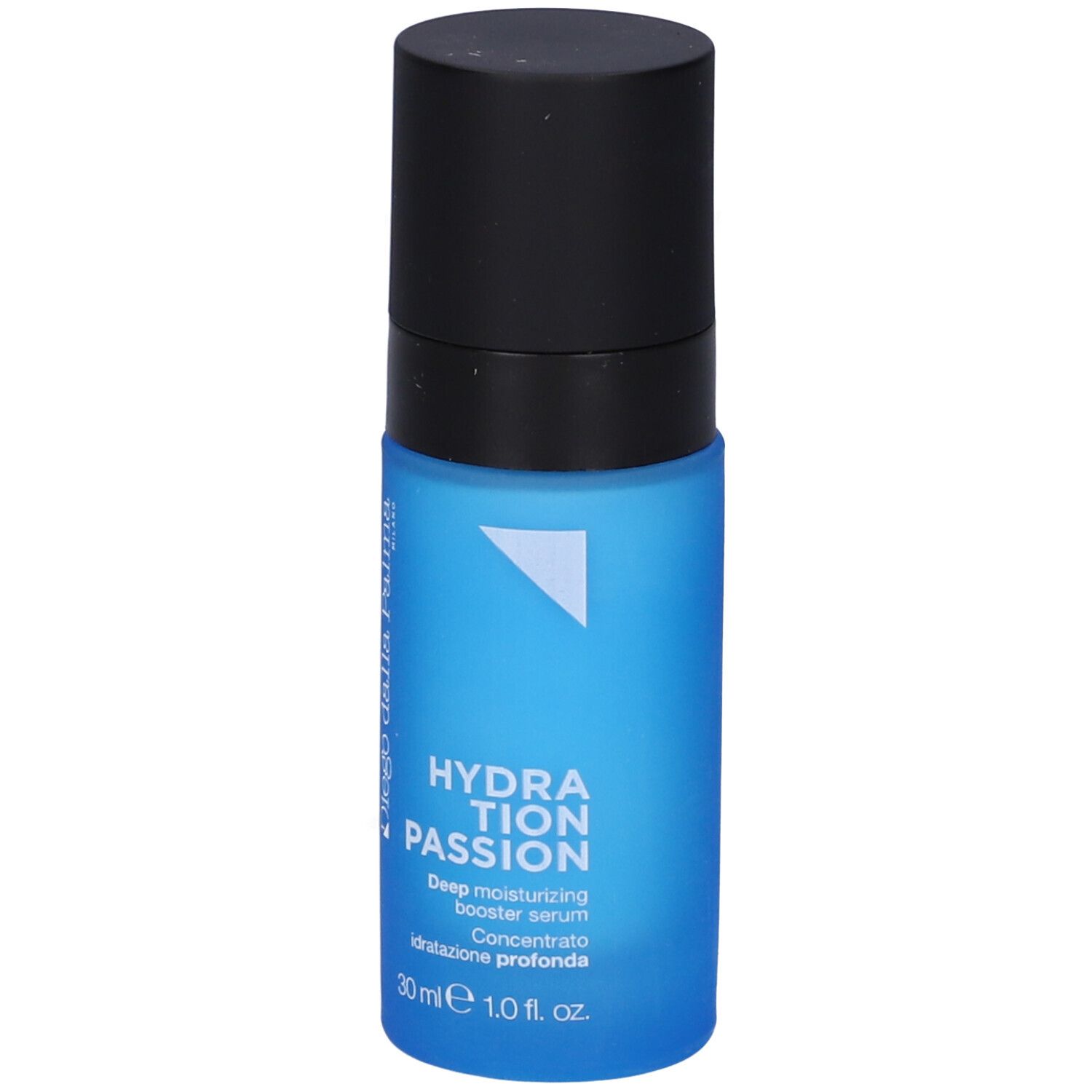 Flacone blu trasparente con tappo nero. Scritta: HYDRATION PASSION, Deep moisturizing booster serum, 30 ml.
