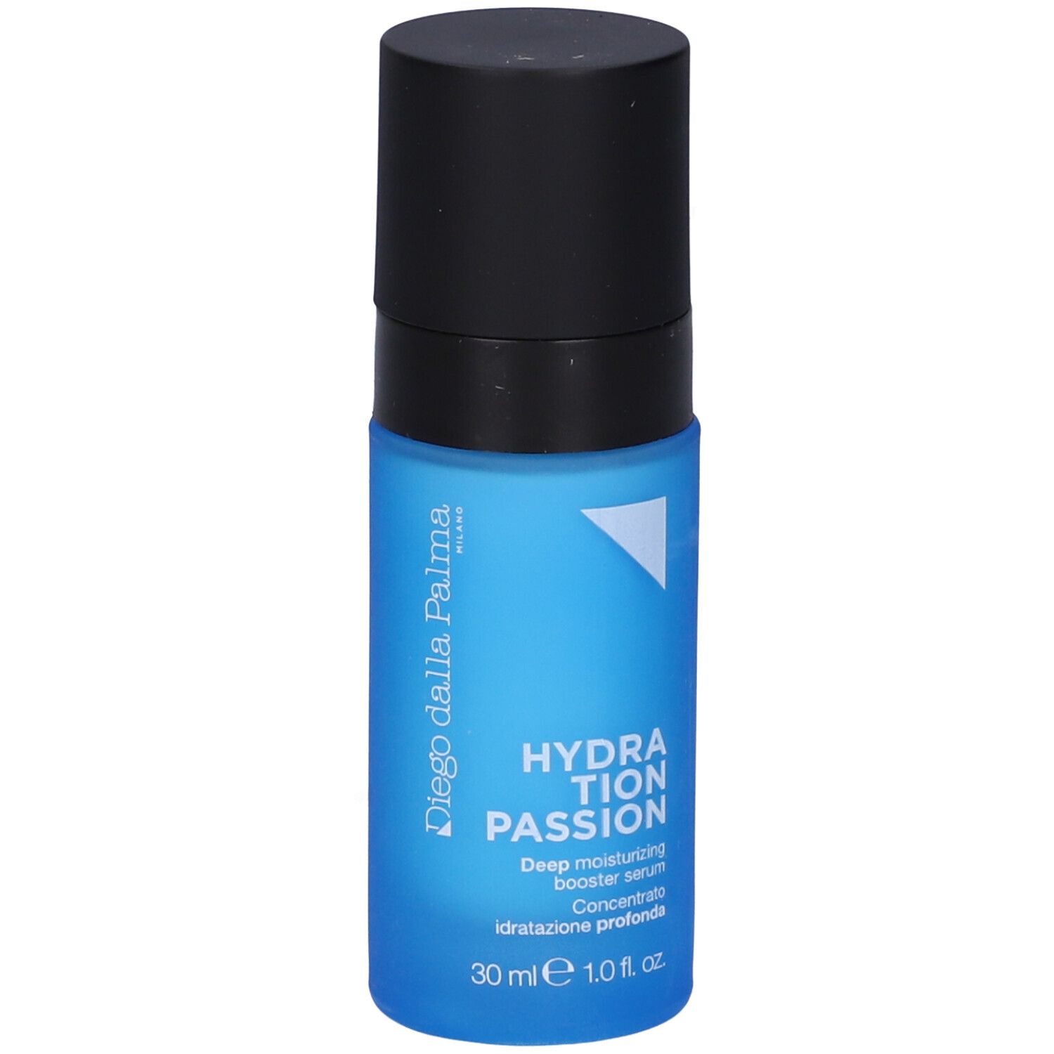 Flacone blu trasparente con tappo nero. Scritta: HYDRATION PASSION, Deep moisturizing booster serum, 30 ml. Marchio: Diego dalla Palma.