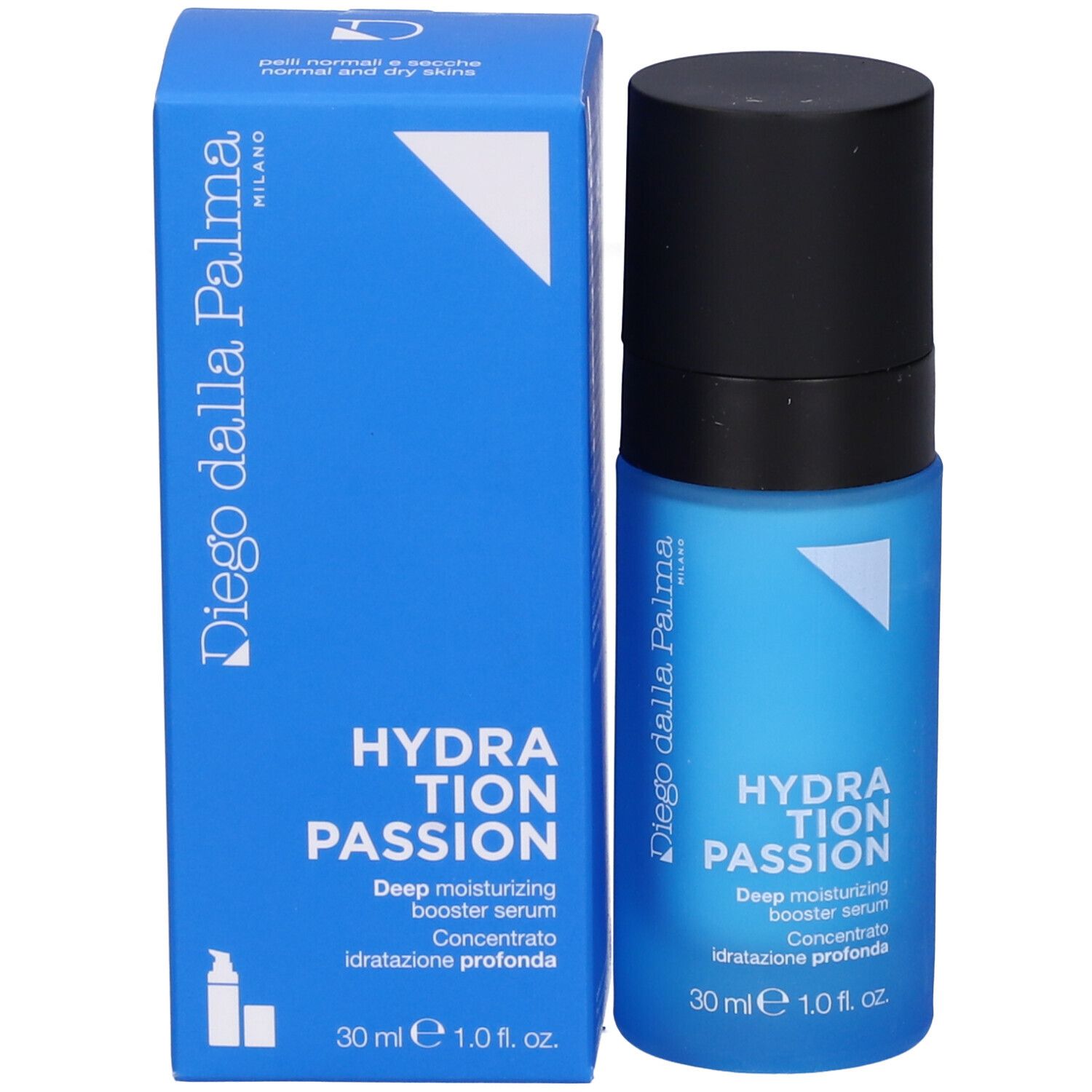 Flacone e confezione del prodotto. Scatola blu con scritta: Diego dalla Palma. Flacone: HYDRATION PASSION, 30 ml.