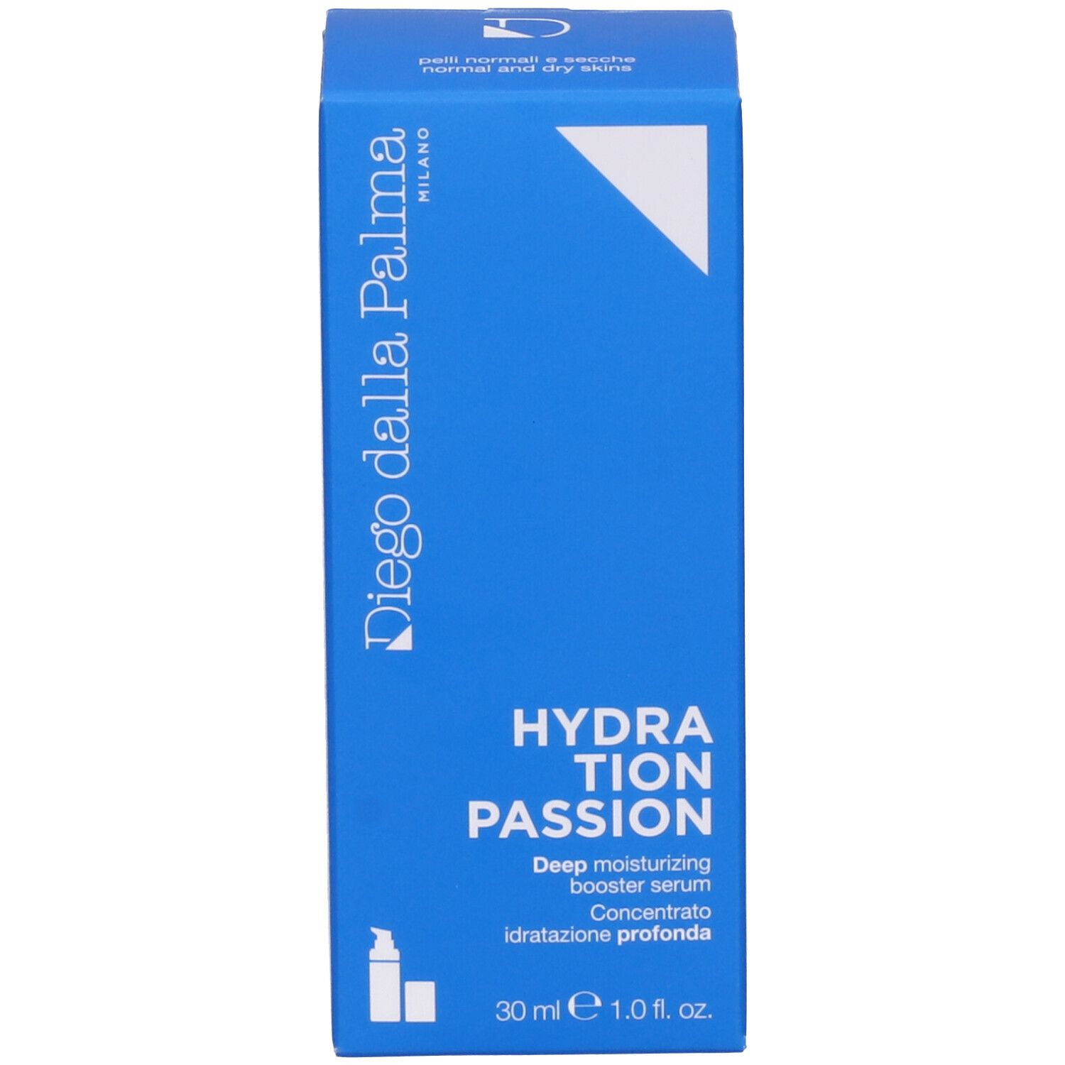 Scatola blu con scritta: Diego dalla Palma. Scritta: HYDRATION PASSION, Deep moisturizing booster serum, 30 ml.
