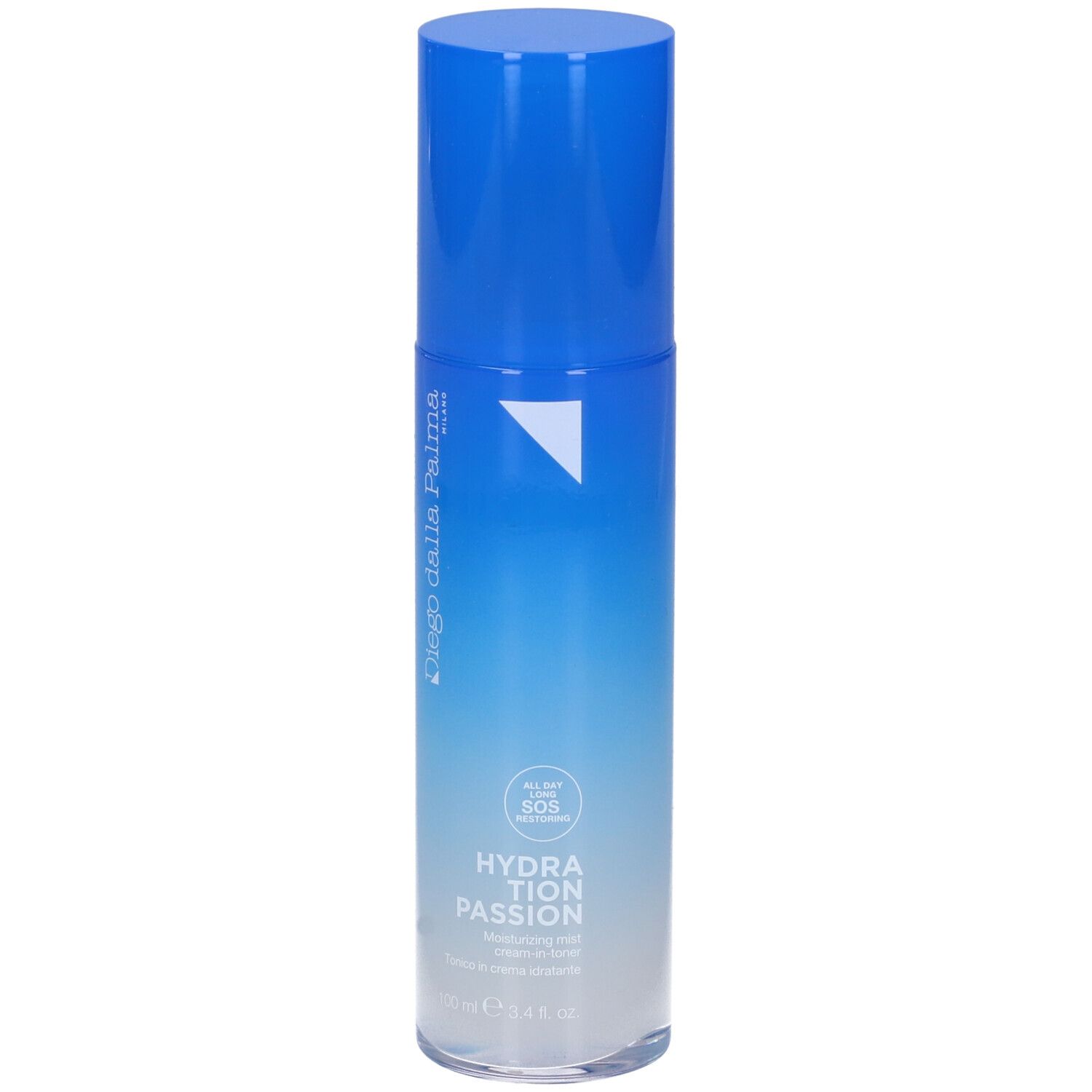 Spray blu e bianco Diego Dalla Palma. Scritta: HYDRATION PASSION. Con tappo. 100 ml.