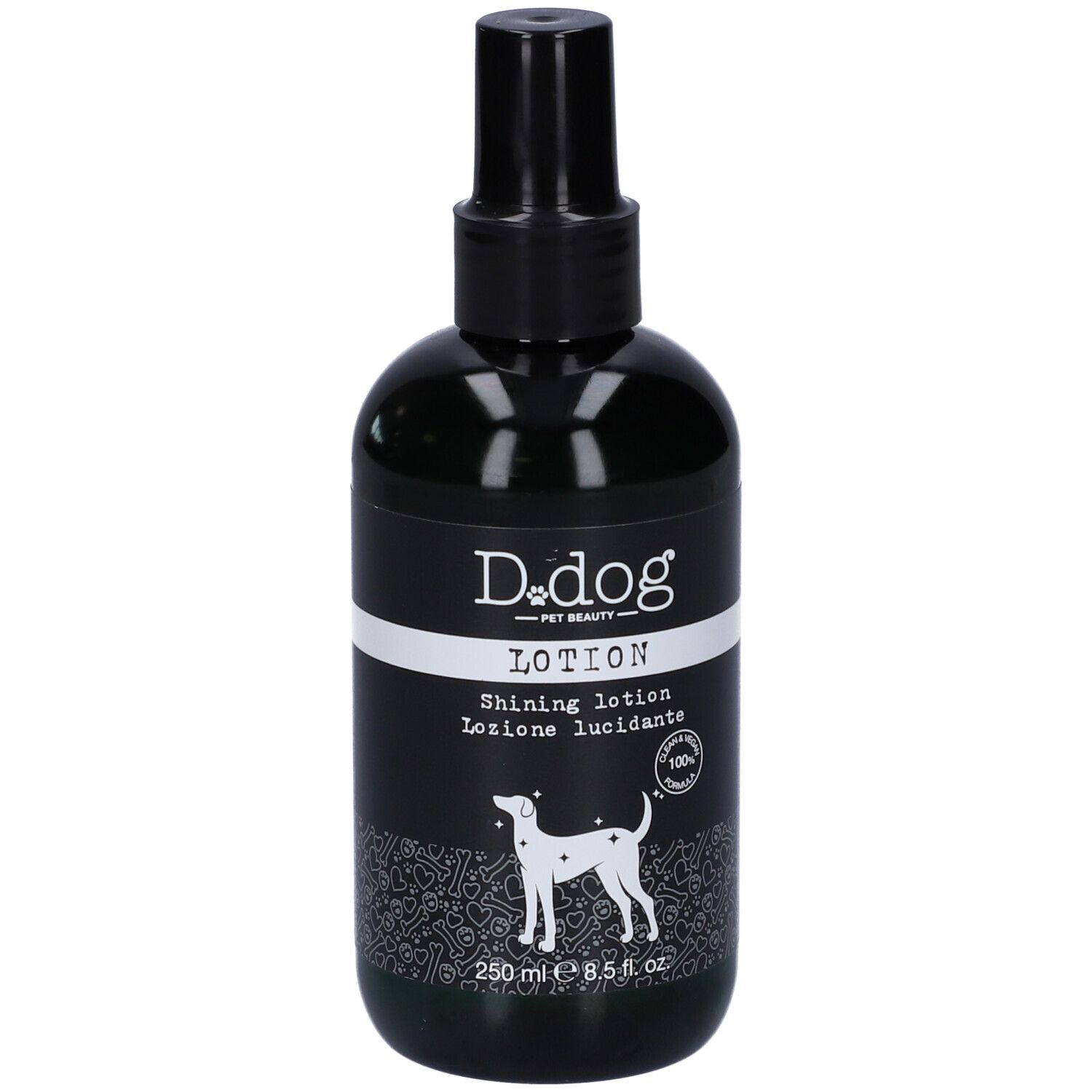 Flacone nero con vaporizzatore. Scritta: D.dog Lotion, Shining lotion, Lozione lucidante. Silhouette di cane.