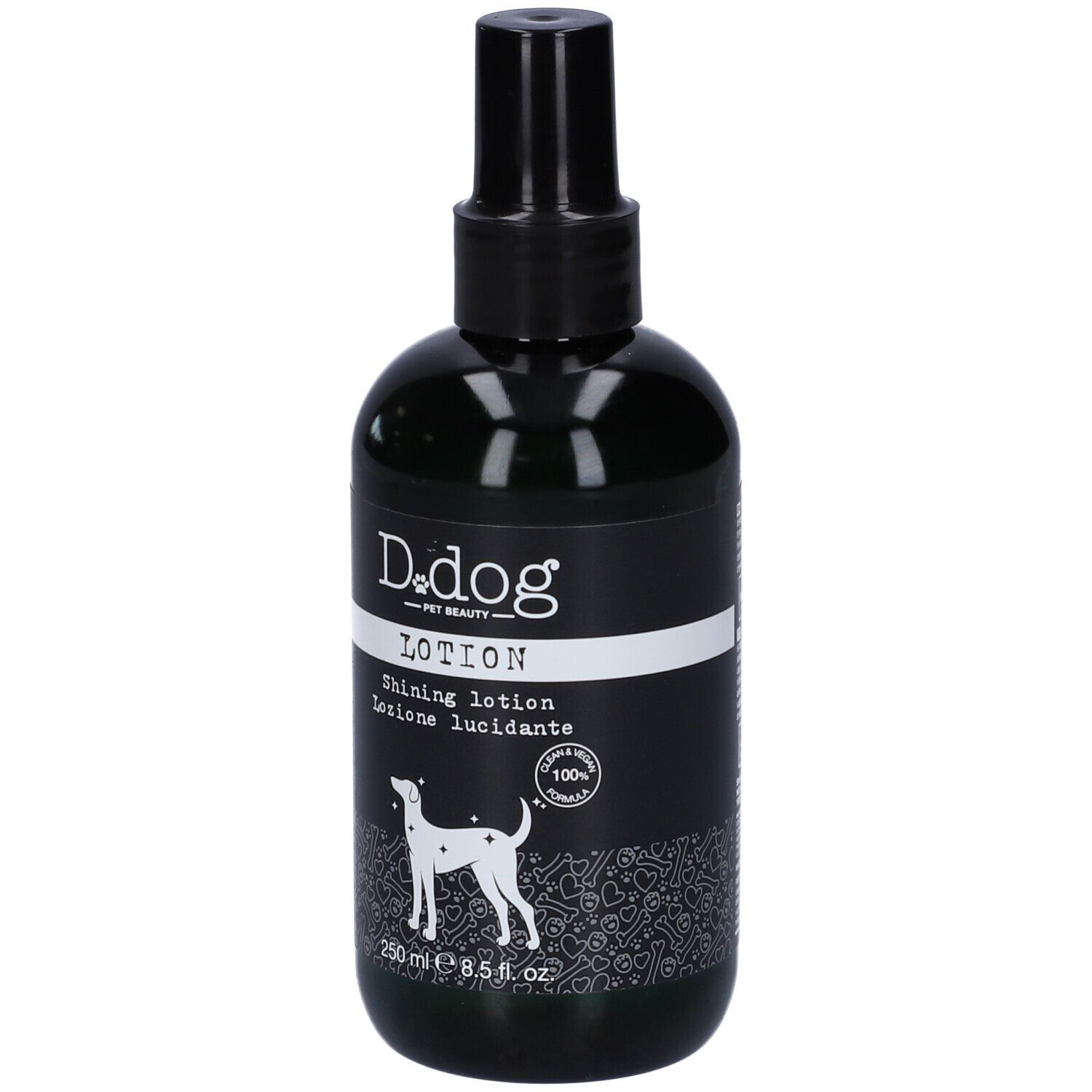 Flacone nero con vaporizzatore. Scritta: D.dog Lotion, Shining lotion, Lozione lucidante. Silhouette di cane.