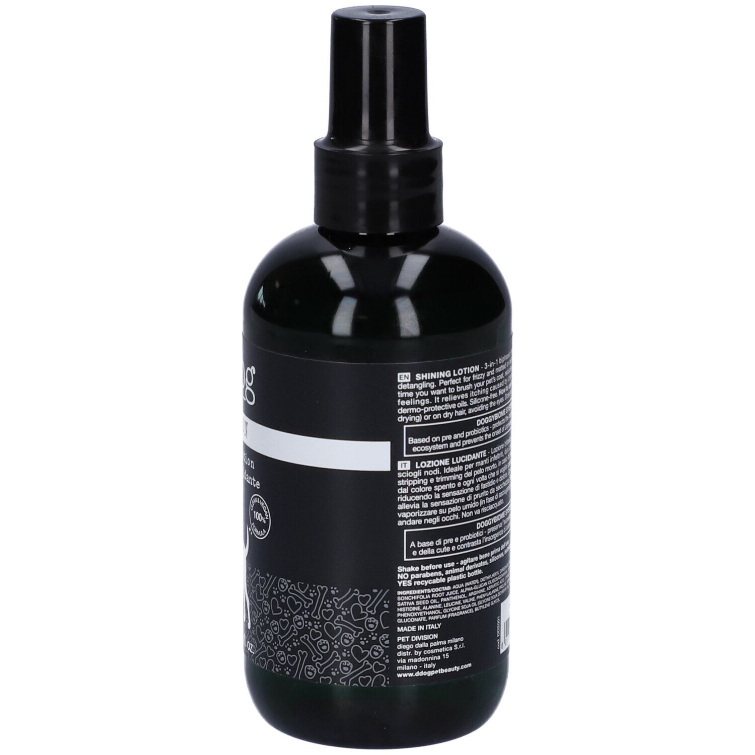 Flacone nero con vaporizzatore. Testo in italiano. Ingredienti e istruzioni per l'uso. Silhouette di cane.