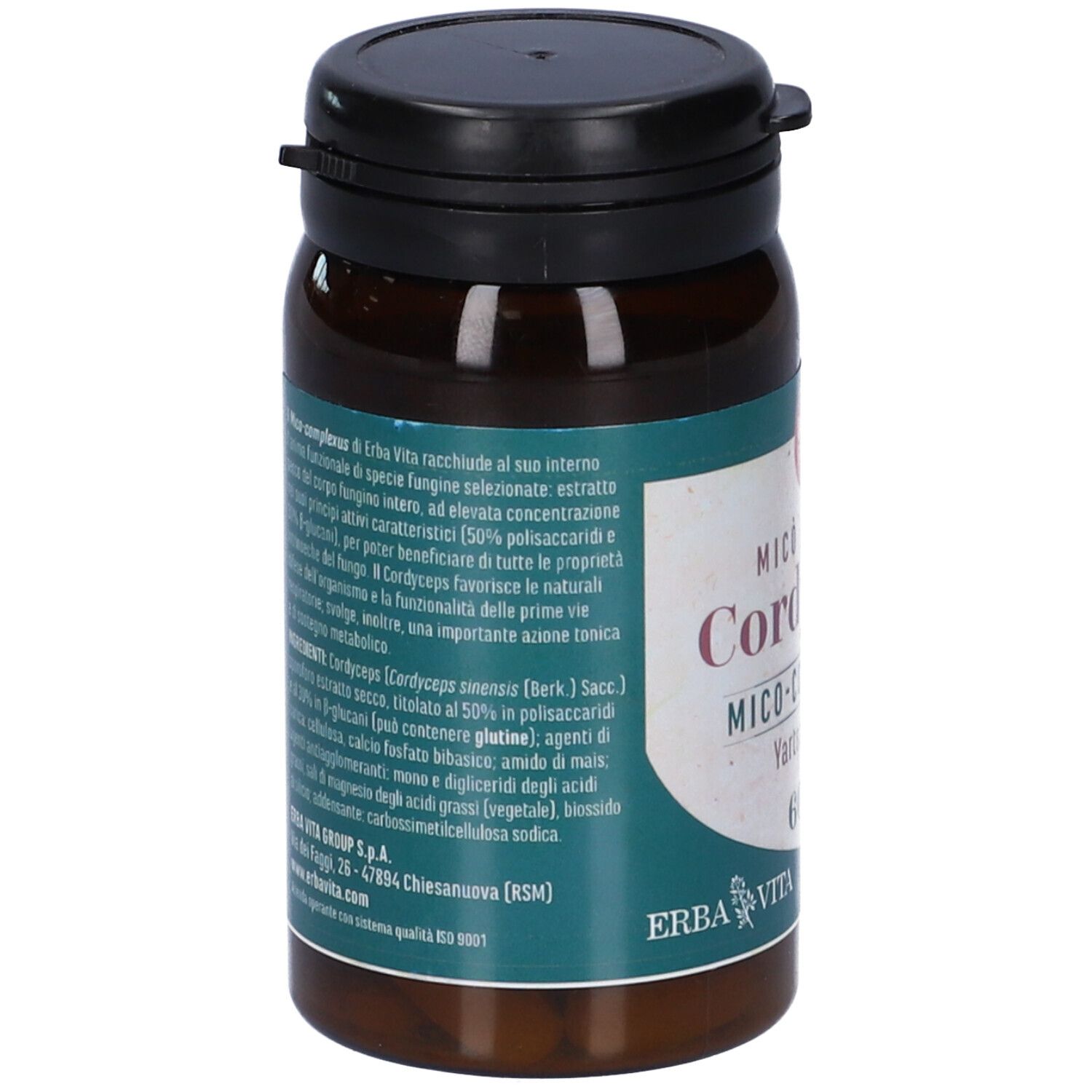 Flacone marrone con tappo nero. Etichetta con informazioni sul prodotto e ingredienti.