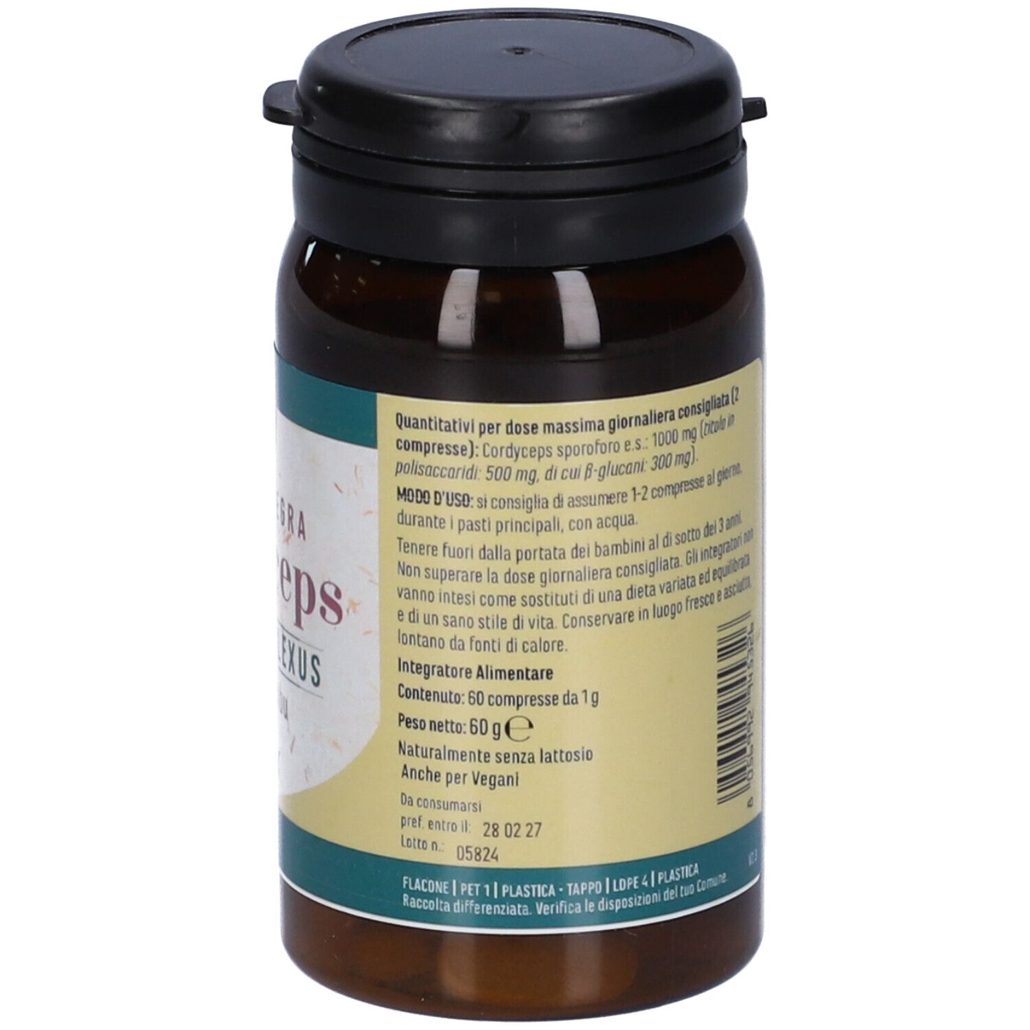 Flacone marrone con tappo nero. Etichetta con informazioni, ingredienti e 60 compresse.