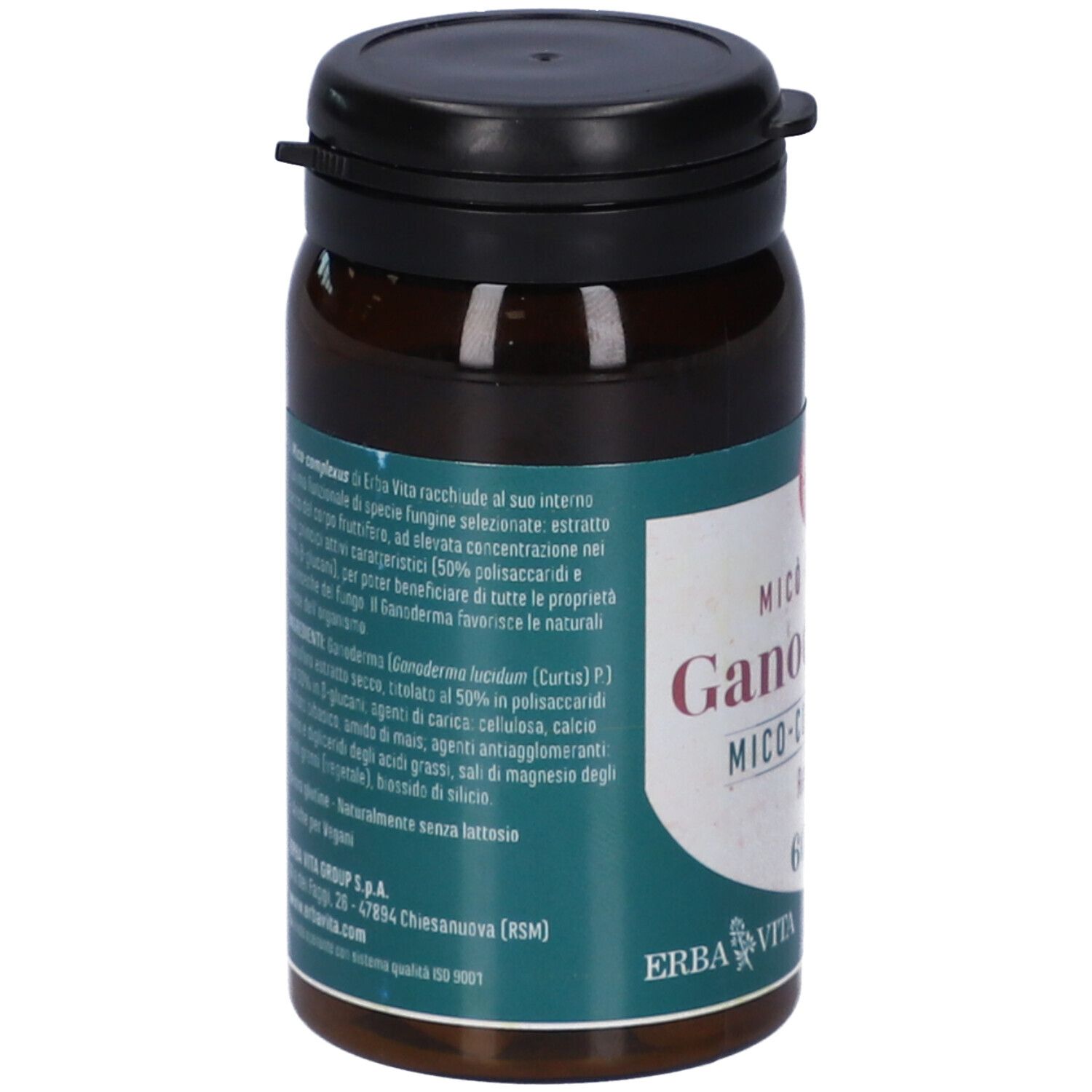 Flacone marrone con tappo nero. Etichetta con testo e ingredienti. Marchio: Erba Vita. Certificazione ISO 9001.