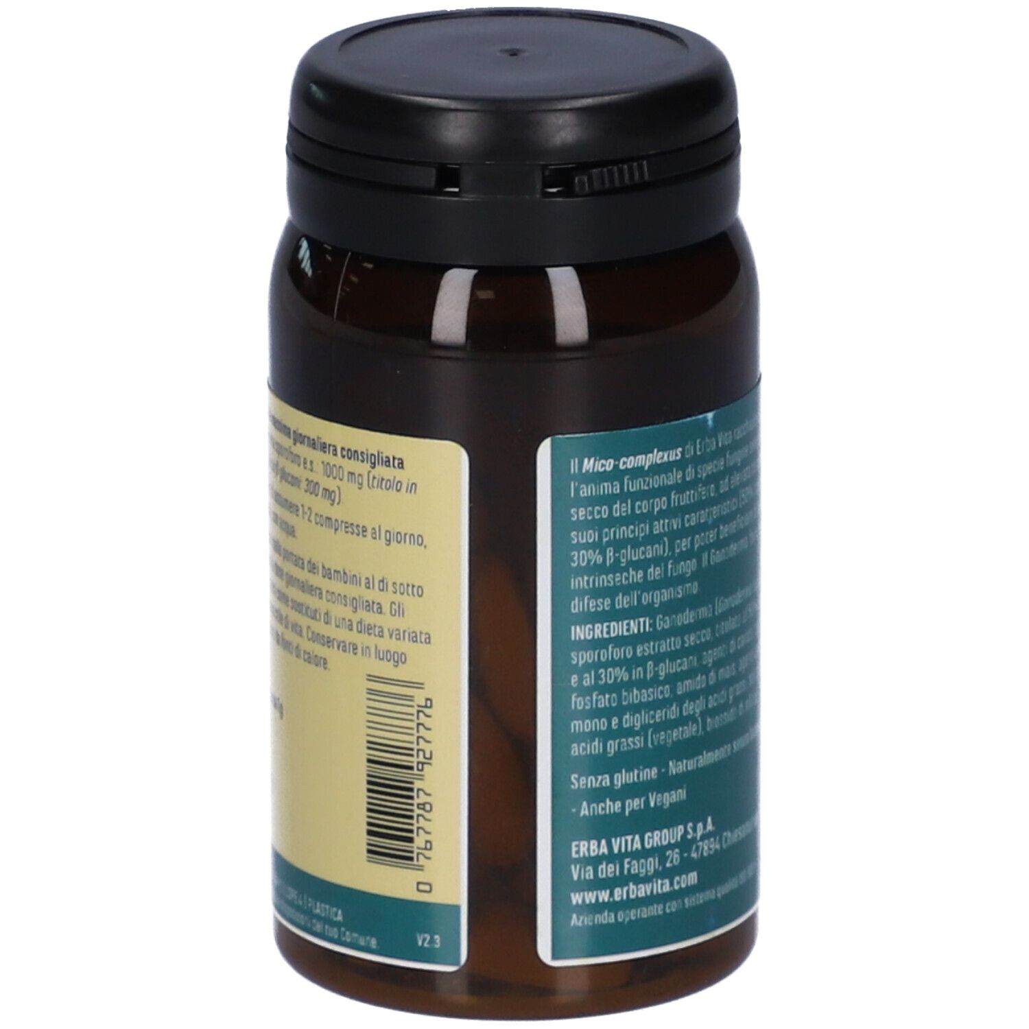 Flacone marrone con tappo nero. Etichetta con testo e codice a barre. Marchio: Erba Vita. Testo: Senza glutine, Anche per vegani.