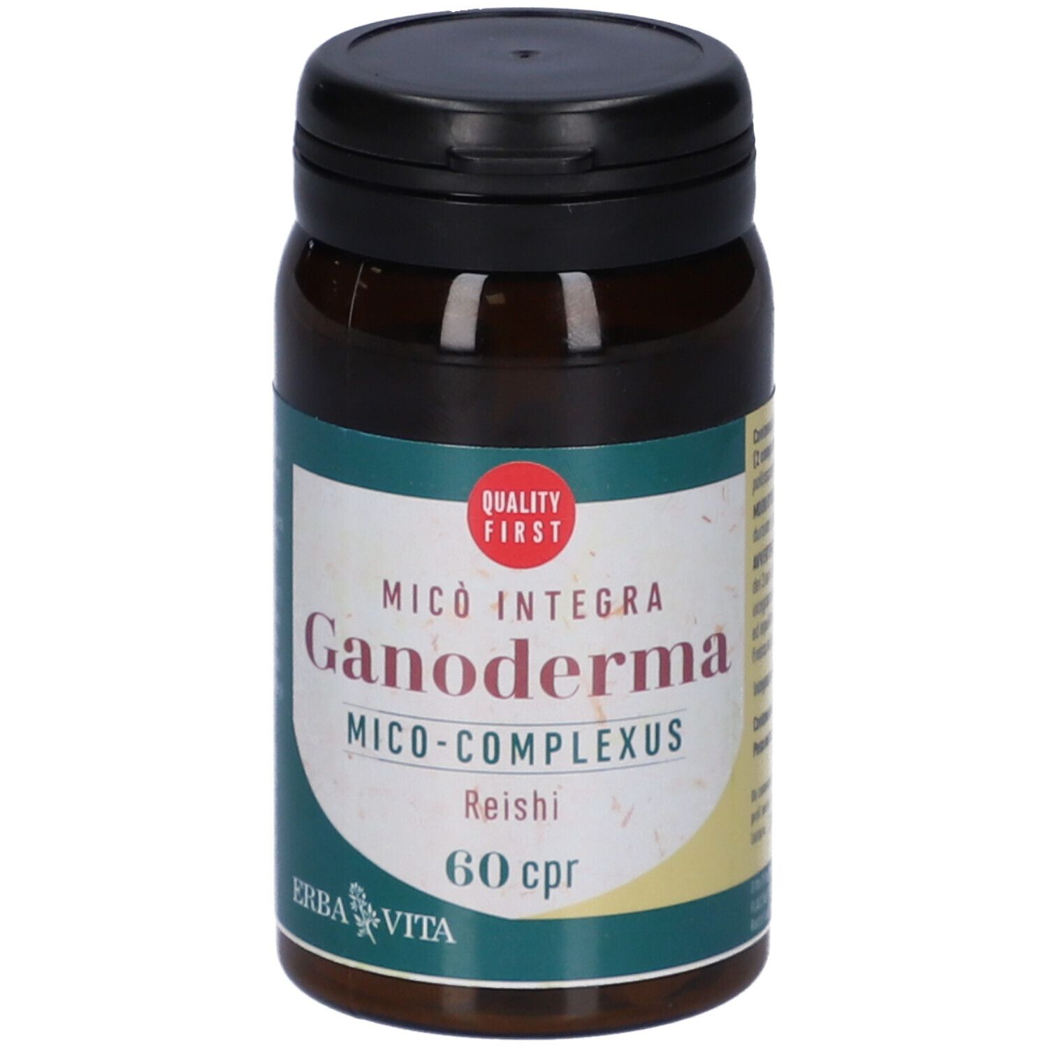 Flacone marrone con tappo nero. Etichetta con testo: Ganoderma, Reishi, 60 cpr. Marchio: Erba Vita. Cerchio rosso: Quality First.