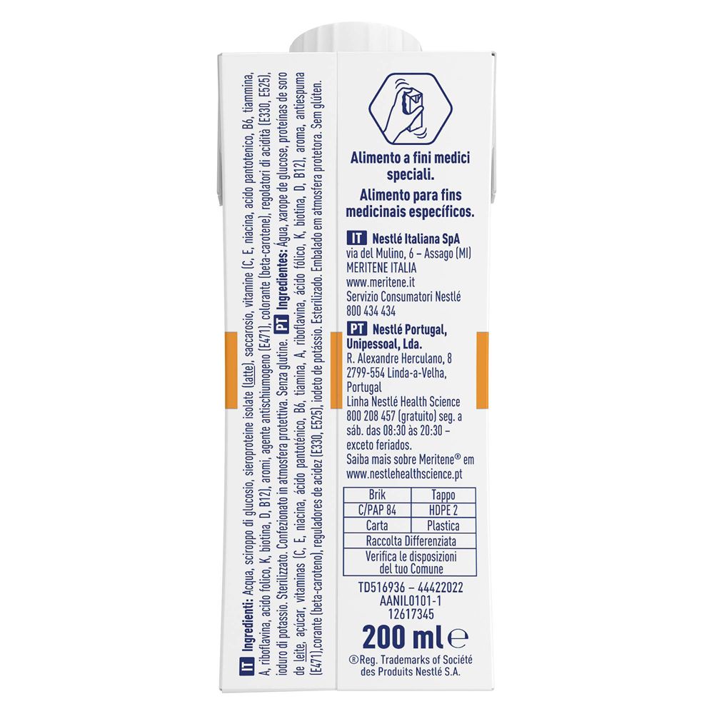 Lato della confezione con elenco ingredienti e contatti. 200 ml.