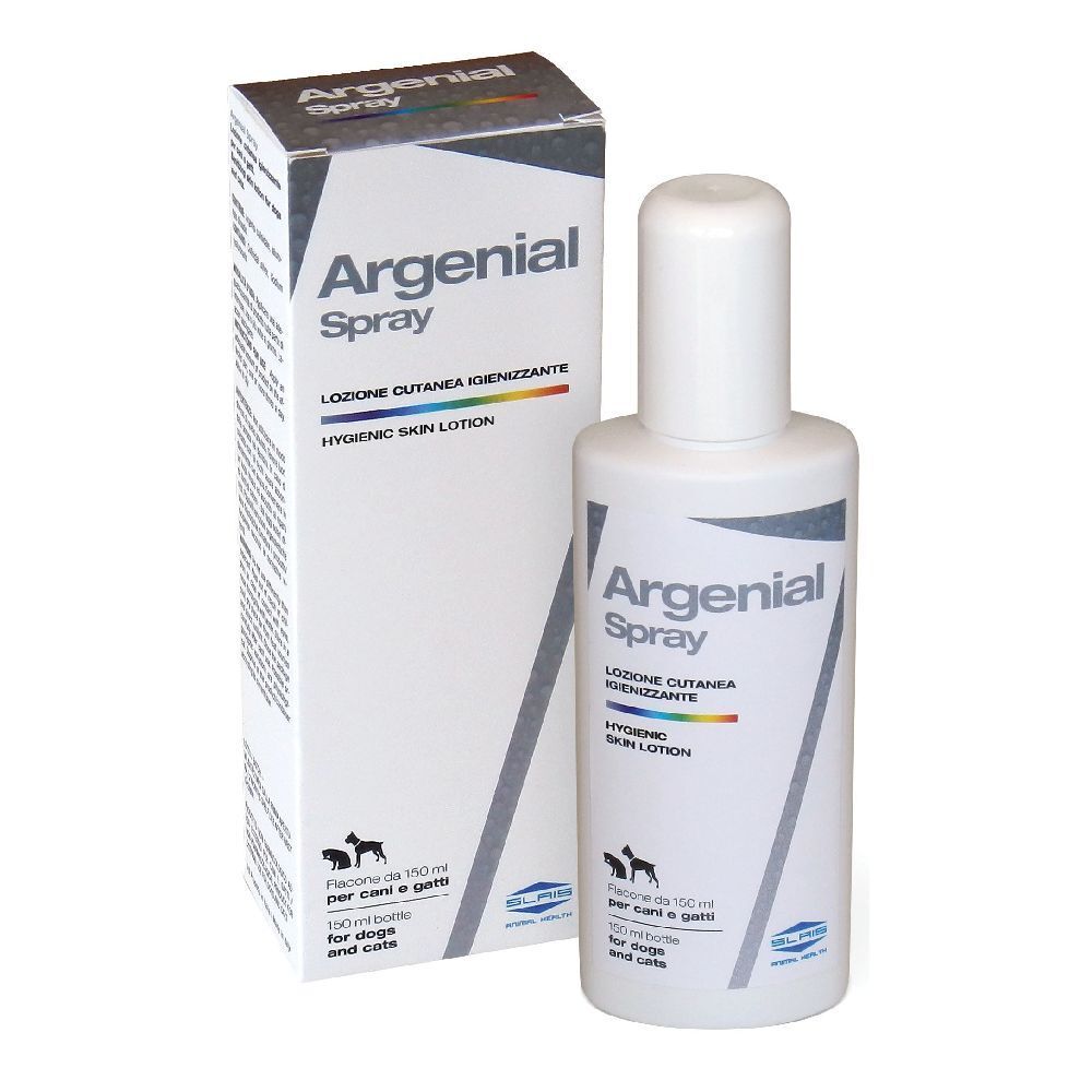 Flacone e scatola bianchi. Argenial Spray, lozione cutanea igienizzante per cani e gatti.