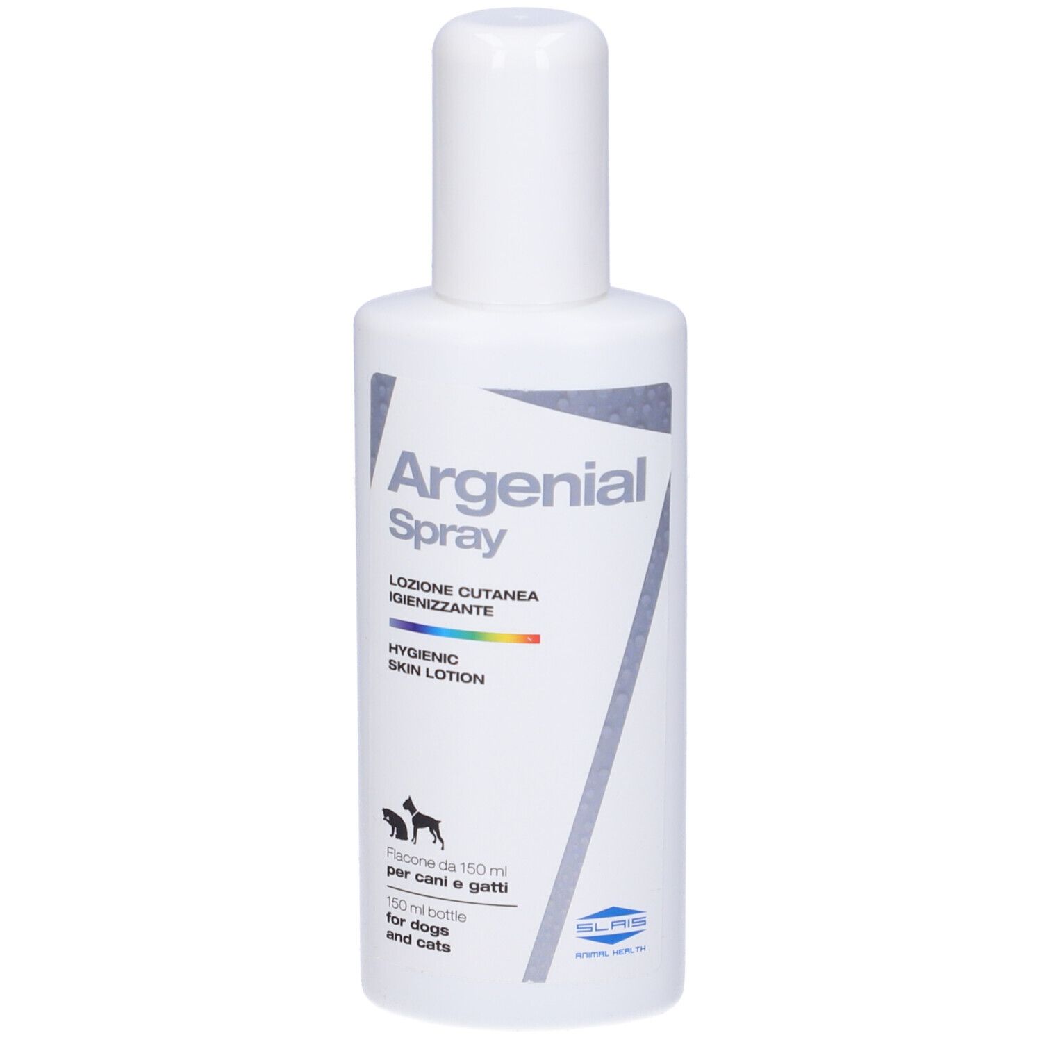 Flacone bianco. Argenial Spray, 150 ml. Lozione cutanea igienizzante per cani e gatti.