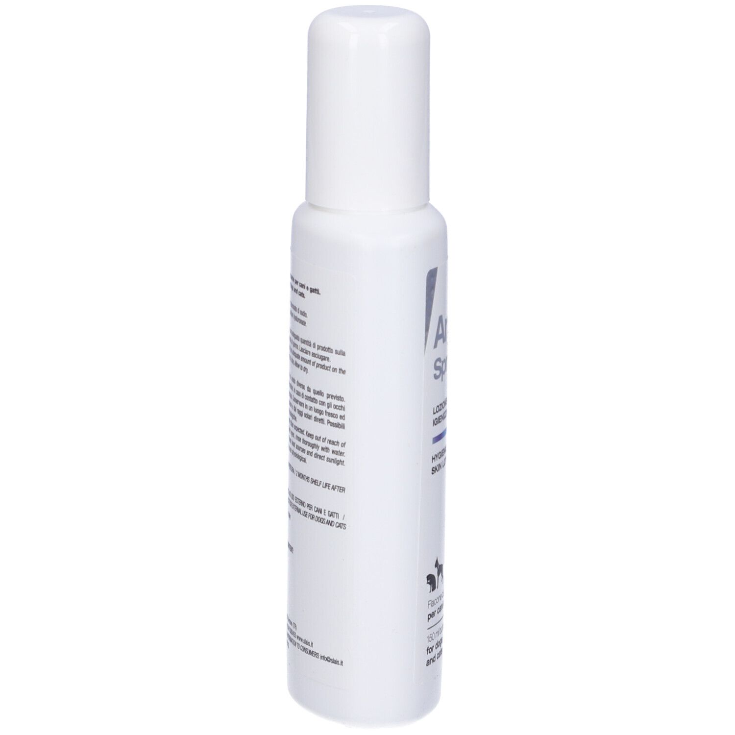 Flacone bianco. Argenial Spray, 150 ml. Lozione cutanea igienizzante per cani e gatti.