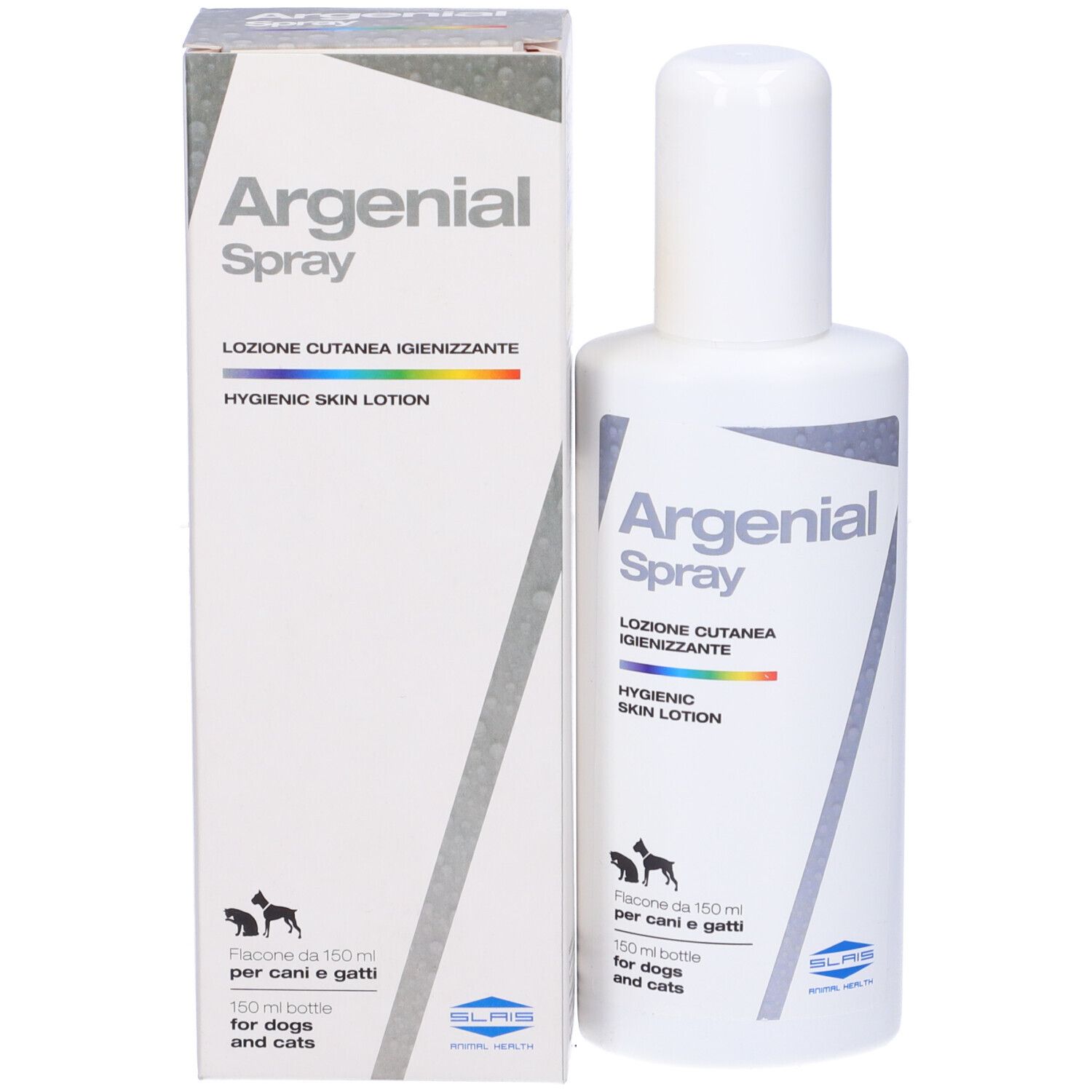 Flacone e scatola bianchi. Argenial Spray, 150 ml. Lozione cutanea igienizzante per cani e gatti.