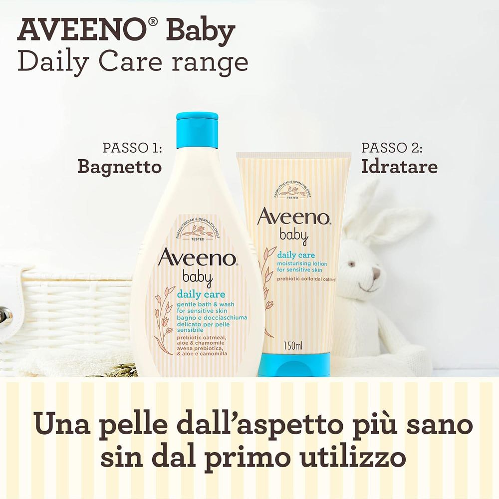 Due prodotti Aveeno Baby Daily Care: una bottiglia e un tubetto, con un coniglio sullo sfondo.