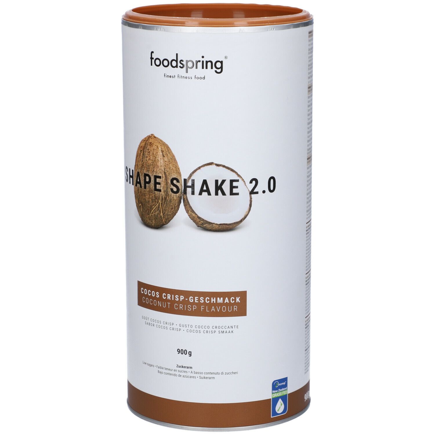 Barattolo cilindrico di Foodspring Shape Shake 2.0 Cocco Croccante. Immagine di cocco. Scritta: Cocos Crisp Geschmack, 900g.