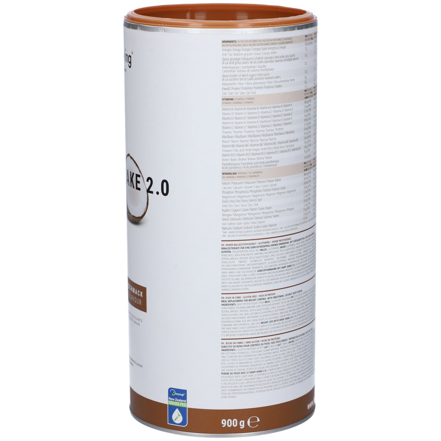 Retro del barattolo di Foodspring Shape Shake 2.0. Testo con informazioni nutrizionali e lista ingredienti. Scritta: 900 g.