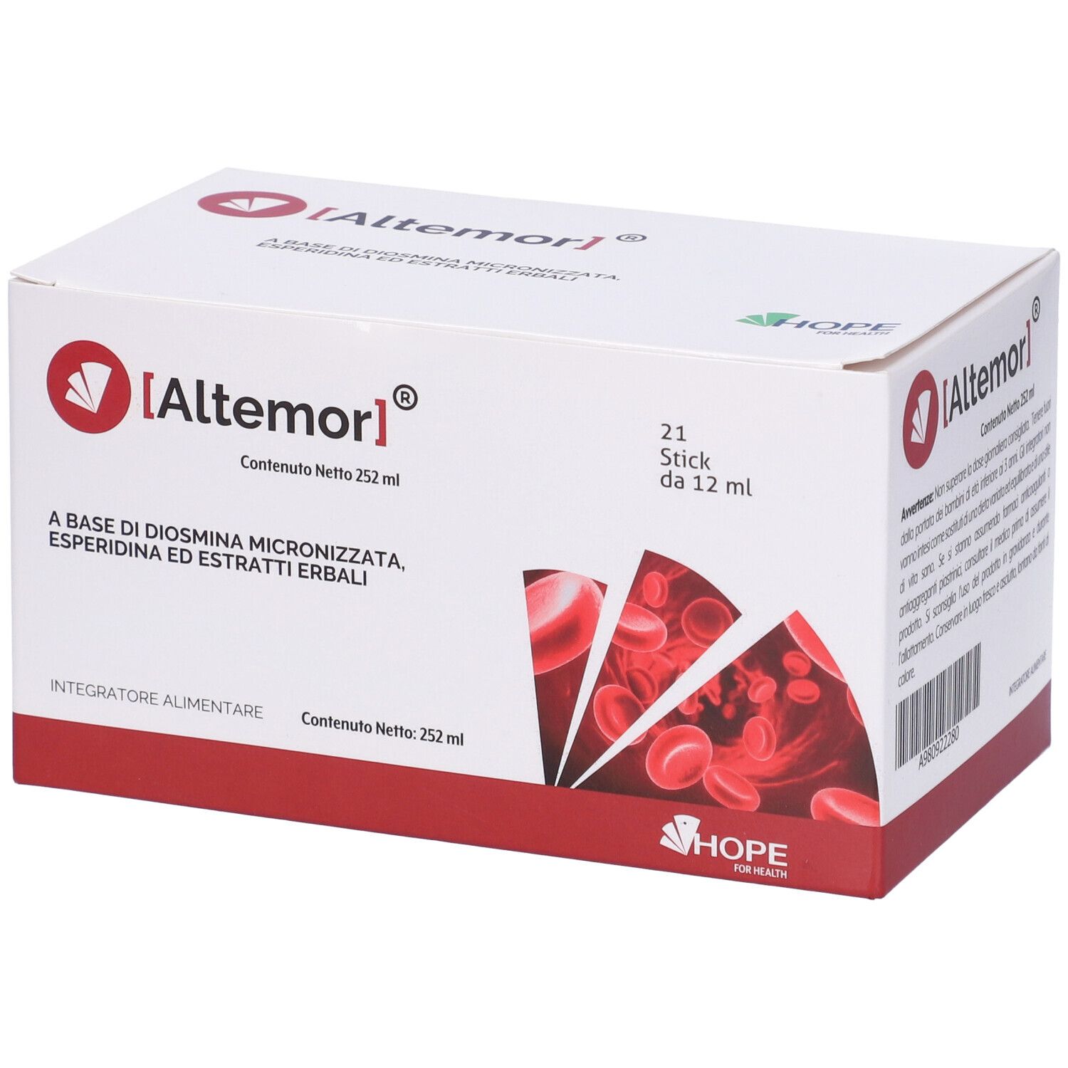 Scatola bianca. Scritta: Altemor, 21 stick da 12 ml. Illustrazione di globuli rossi. Logo Hope for Health.