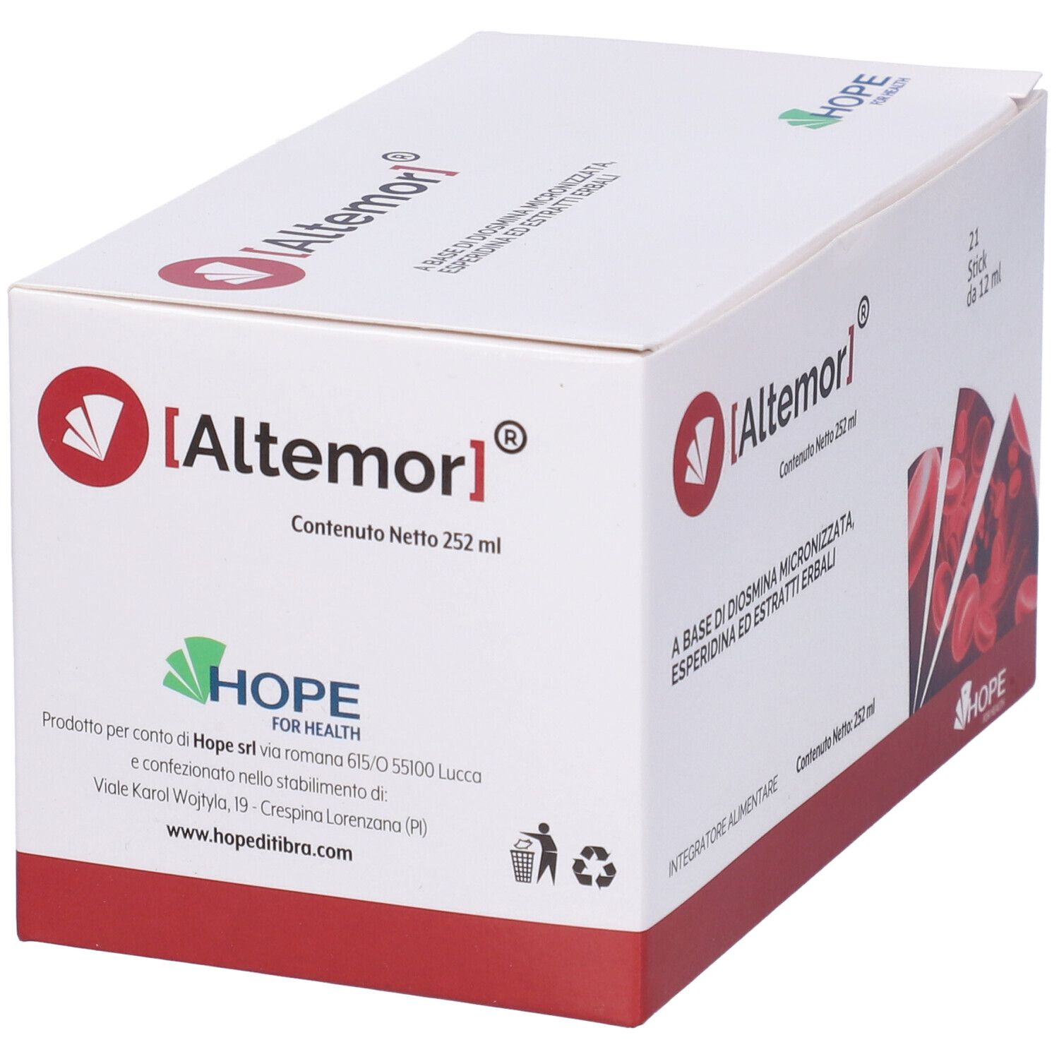 Scatola bianca. Scritta: Altemor, 21 stick da 12 ml. Logo Hope for Health. Testo su ingredienti e valori nutrizionali.