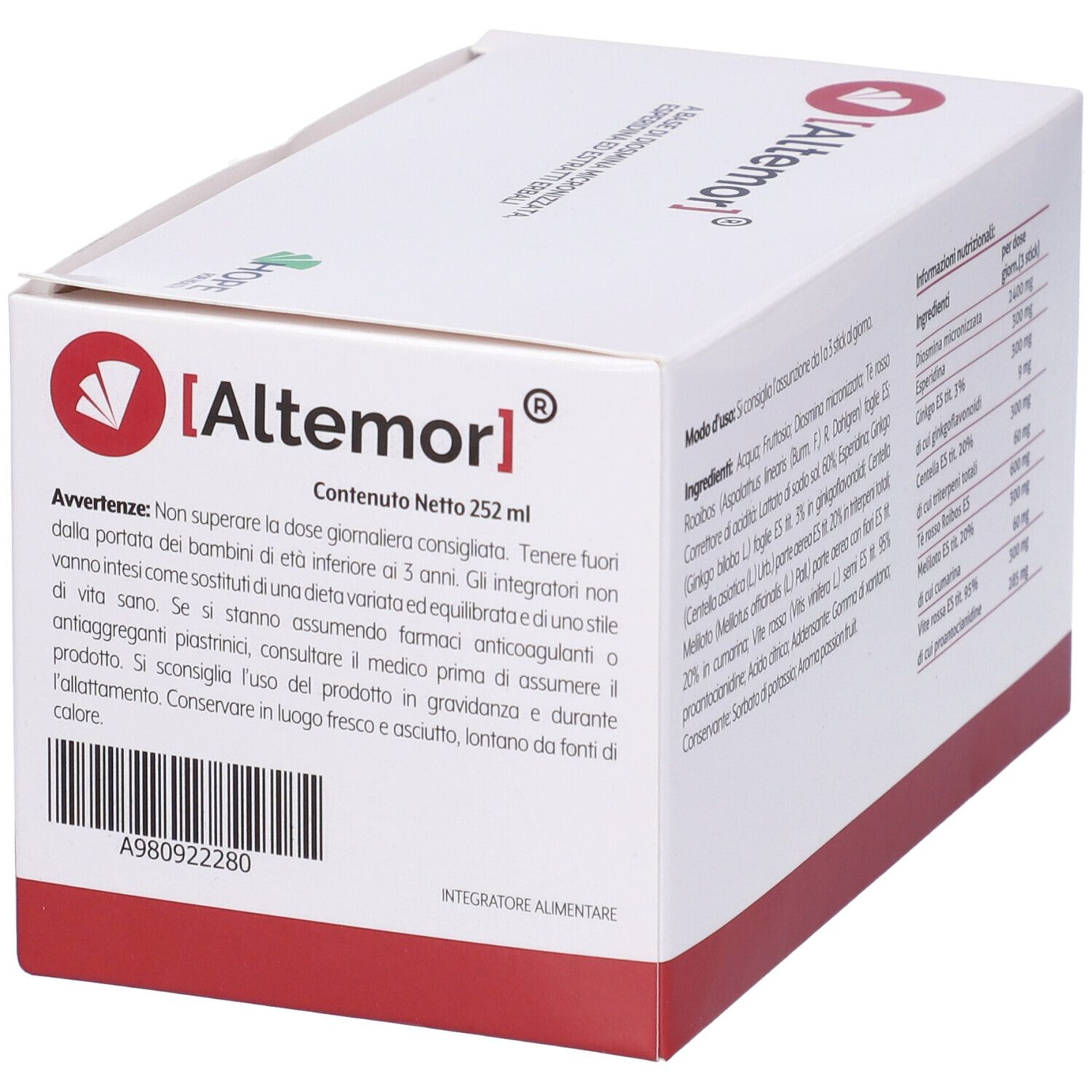 Retro della scatola bianca. Scritta: Altemor. Avvertenze e istruzioni per l'uso. Logo Hope for Health.
