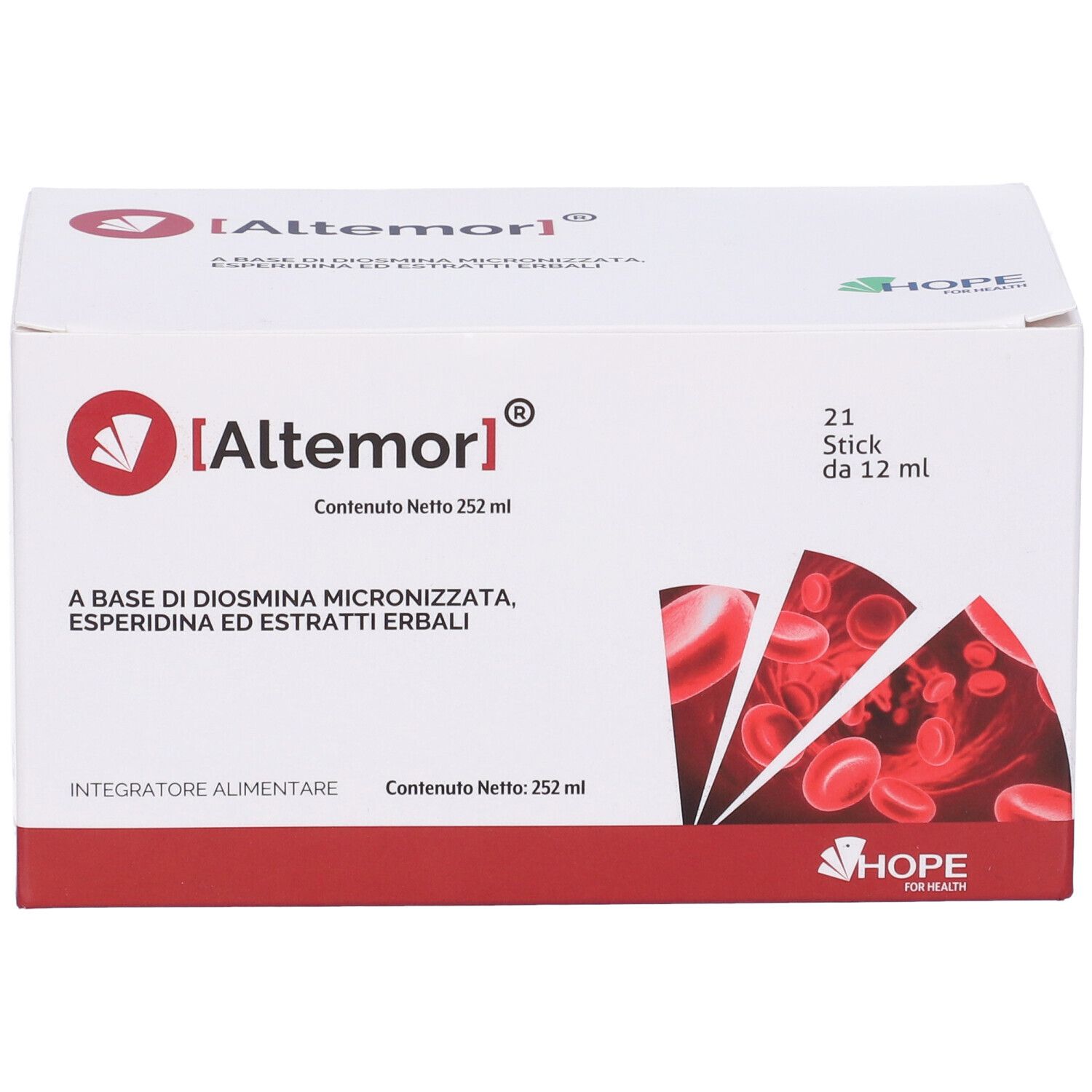 Scatola bianca. Scritta: Altemor, 21 stick da 12 ml. Illustrazione di globuli rossi. Logo Hope for Health.
