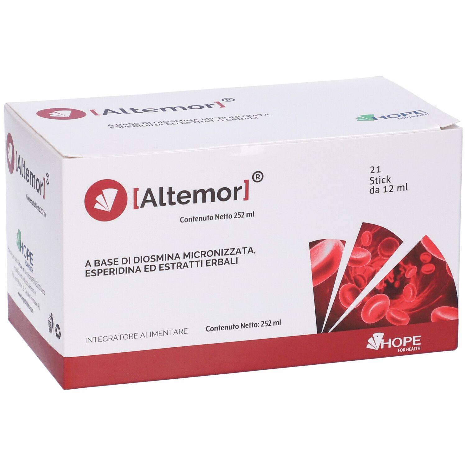 Scatola bianca. Scritta: Altemor, 21 stick da 12 ml. Illustrazione di globuli rossi. Logo Hope for Health.