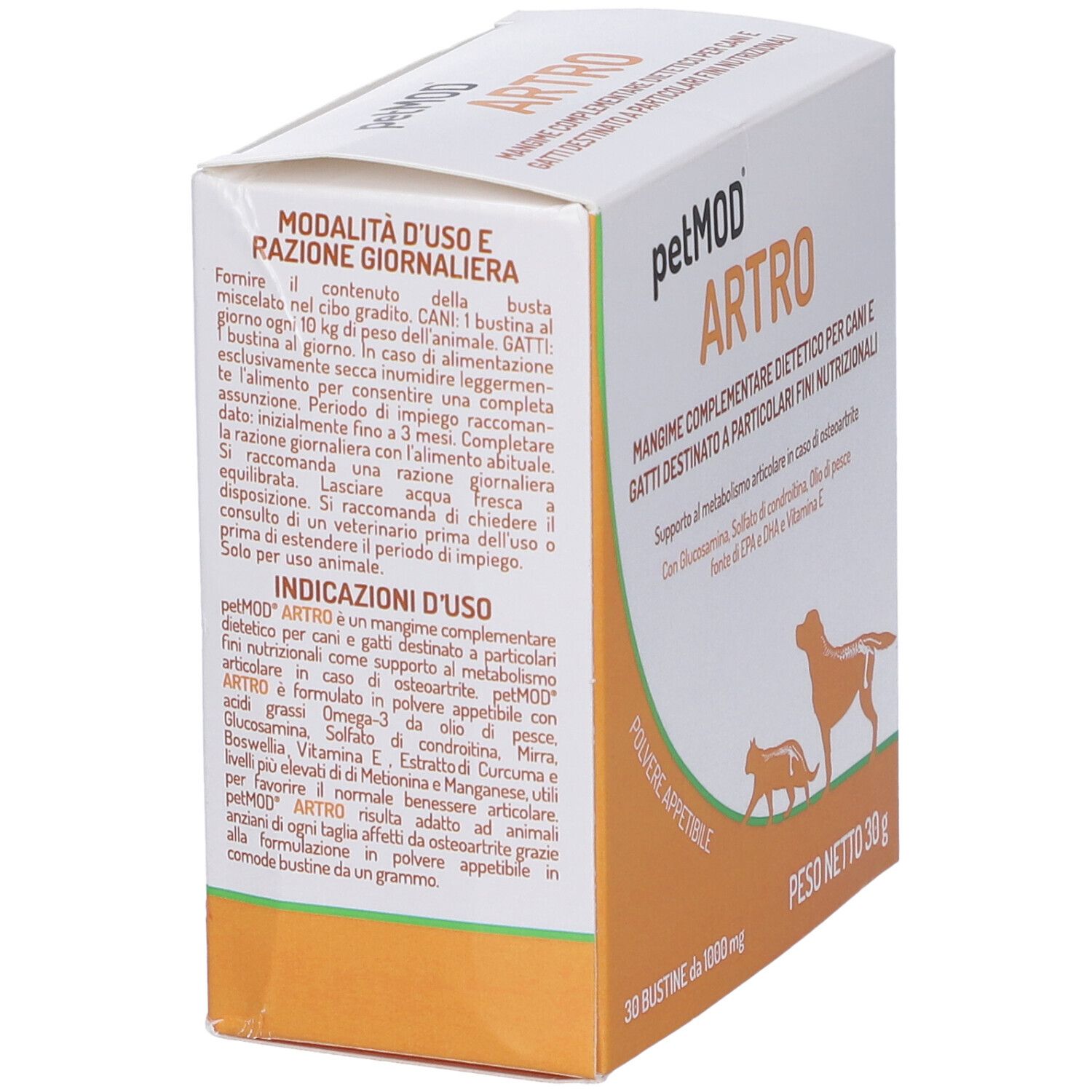 Scatola con informazioni sul prodotto. Testo in italiano. Illustrazione di cane e gatto.