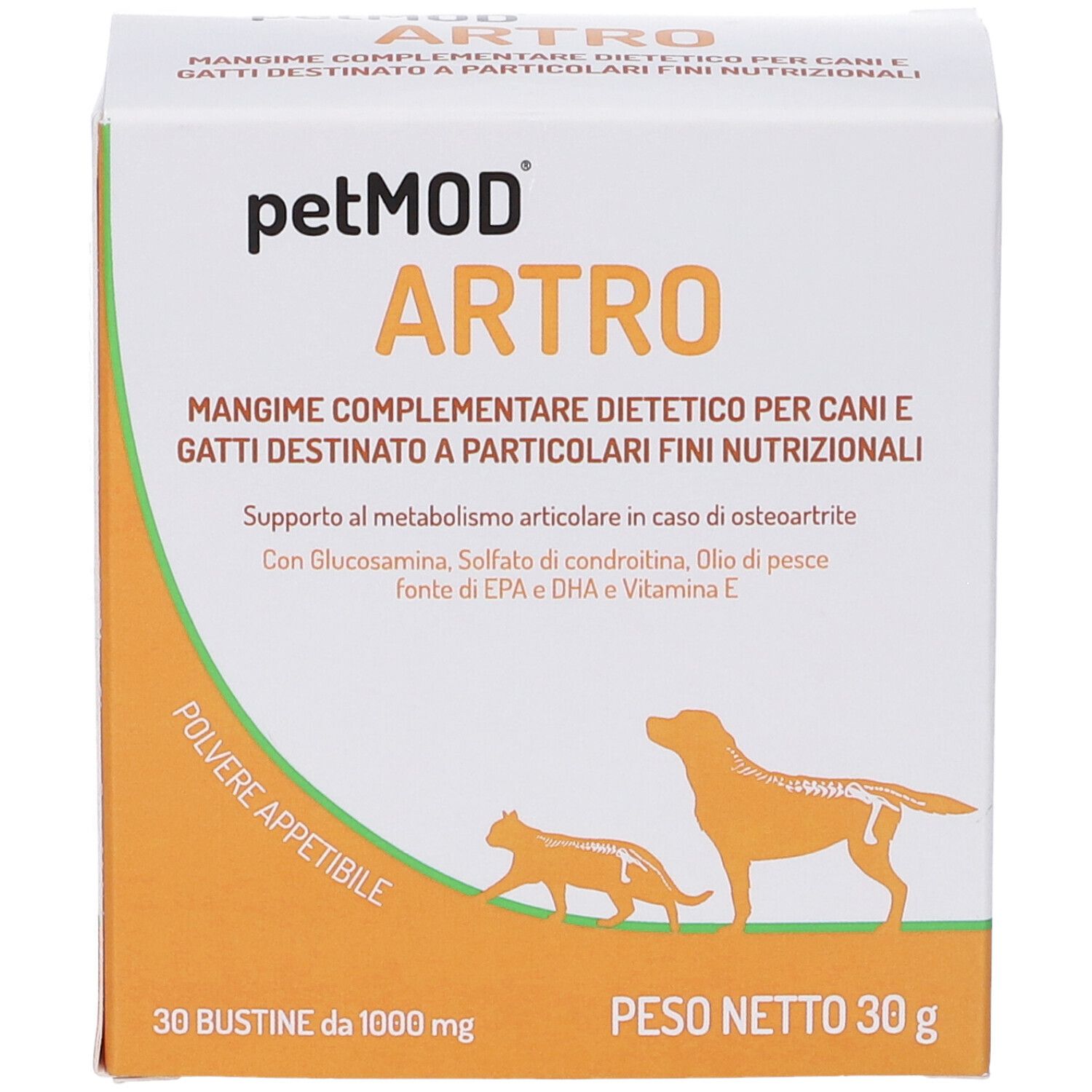 Scatola con nome e logo del prodotto. Contiene 30 bustine. Illustrazione di cane e gatto.