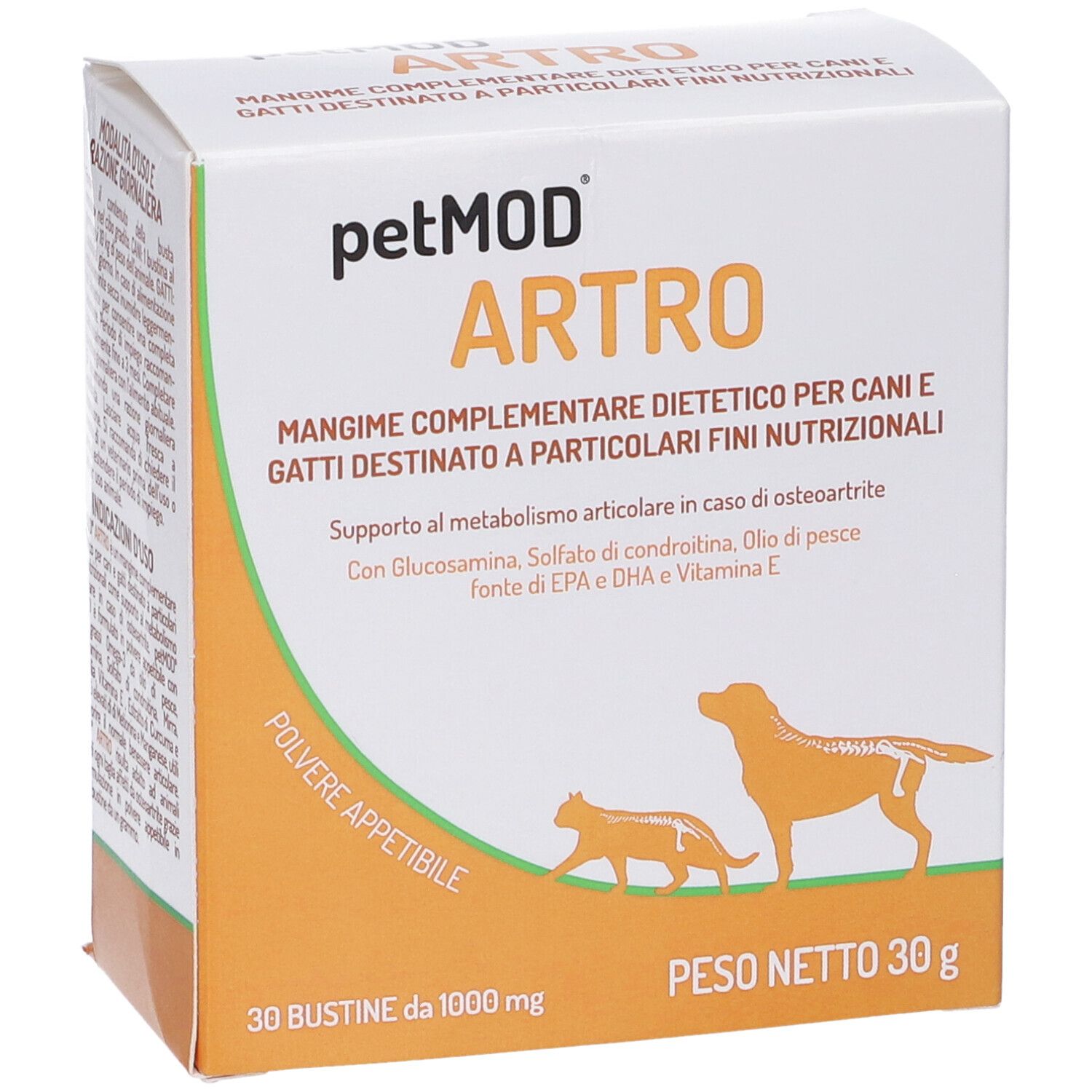 Scatola con nome e logo del prodotto. Contiene 30 bustine. Illustrazione di cane e gatto.