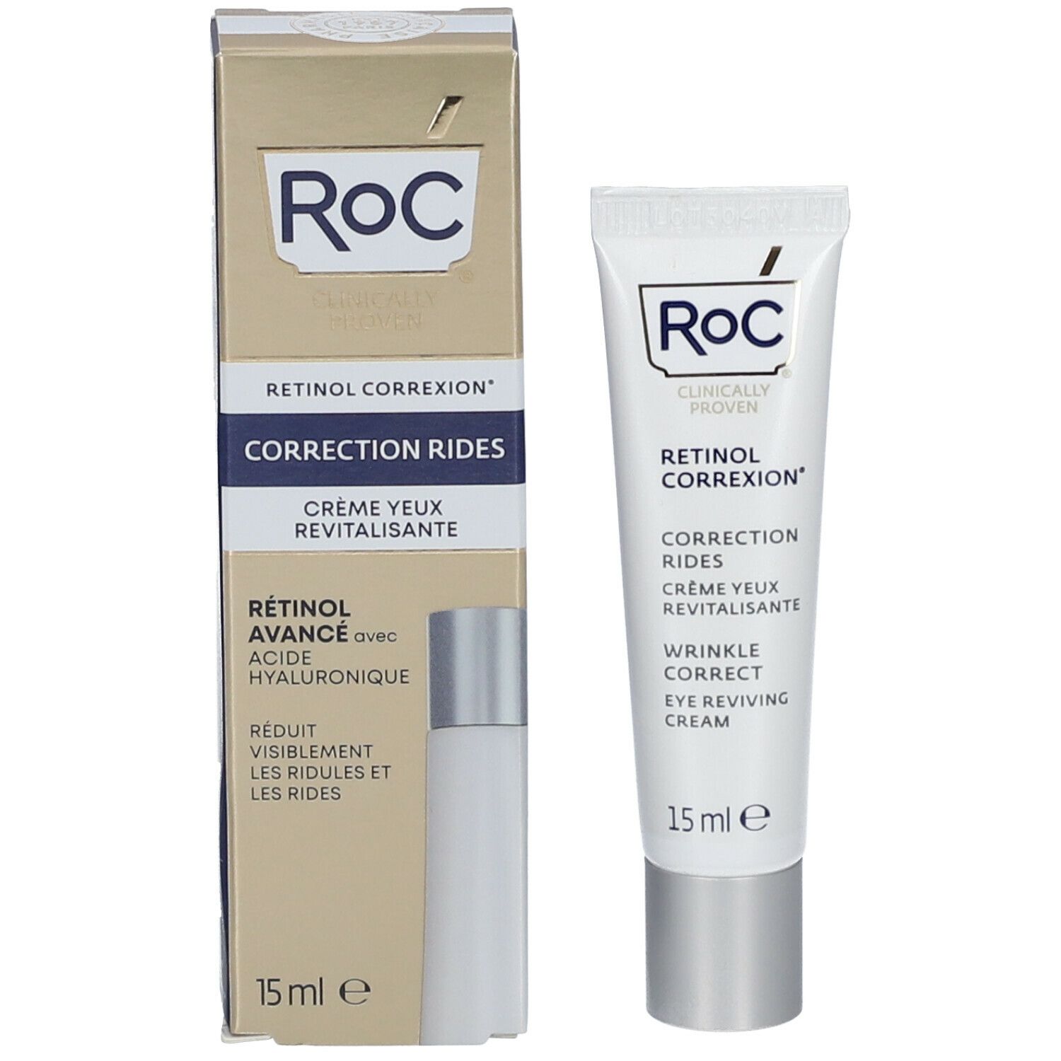 Confezione e tubo. Confezione: RoC, Retinol Correxion, Correction Rides, Crème Yeux Revitalisante. Tubo: RoC, Retinol Correxion, 15 ml.