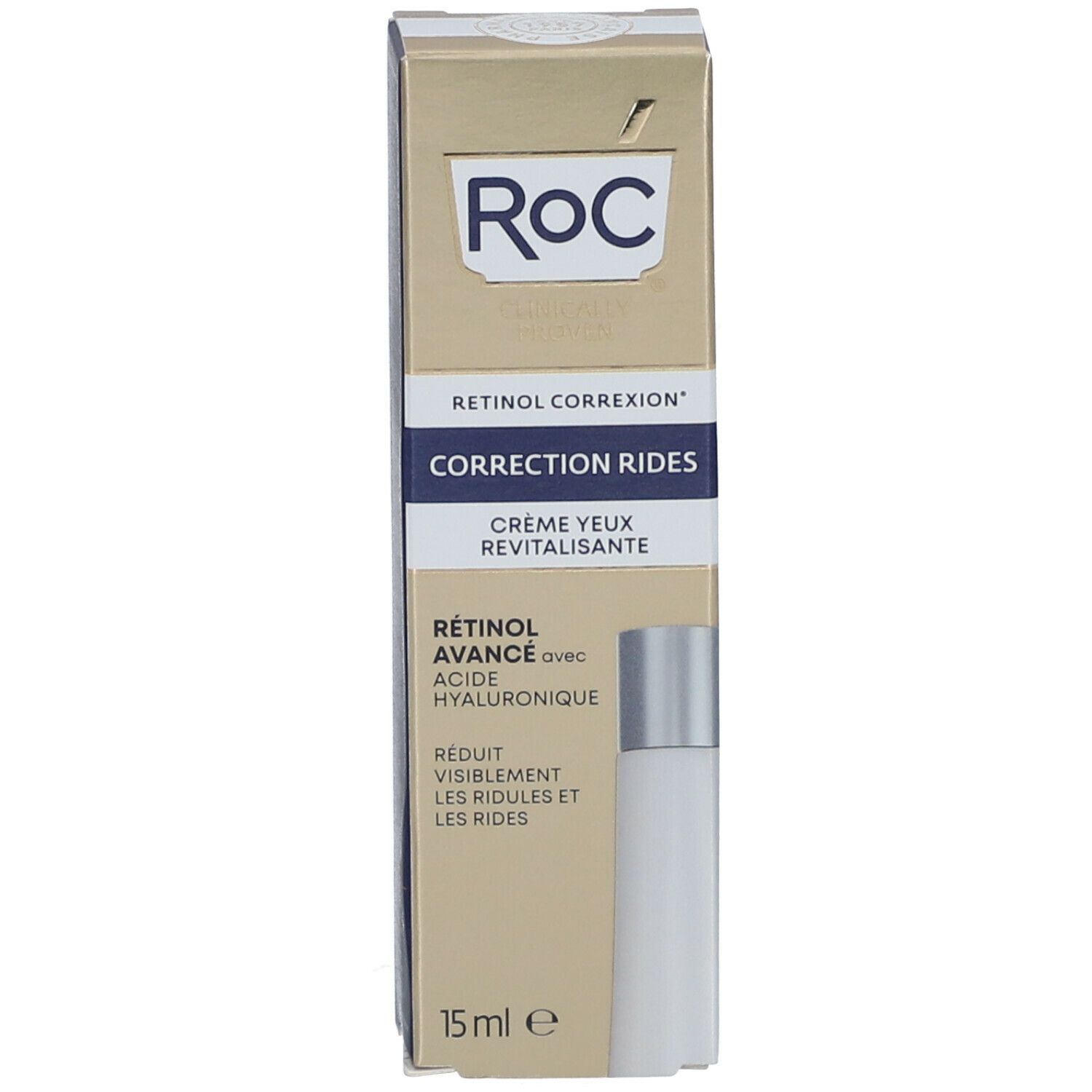 Confezione del prodotto. Scritte: RoC, Retinol Correxion, Correction Rides, Crème Yeux Revitalisante, 15 ml. Con un'immagine del prodotto.