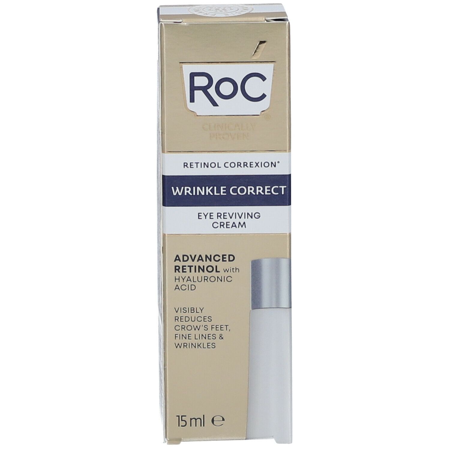 Confezione del prodotto. Scritte: RoC, Retinol Correxion, Wrinkle Correct, Eye Reviving Cream, 15 ml. Con immagine del prodotto.