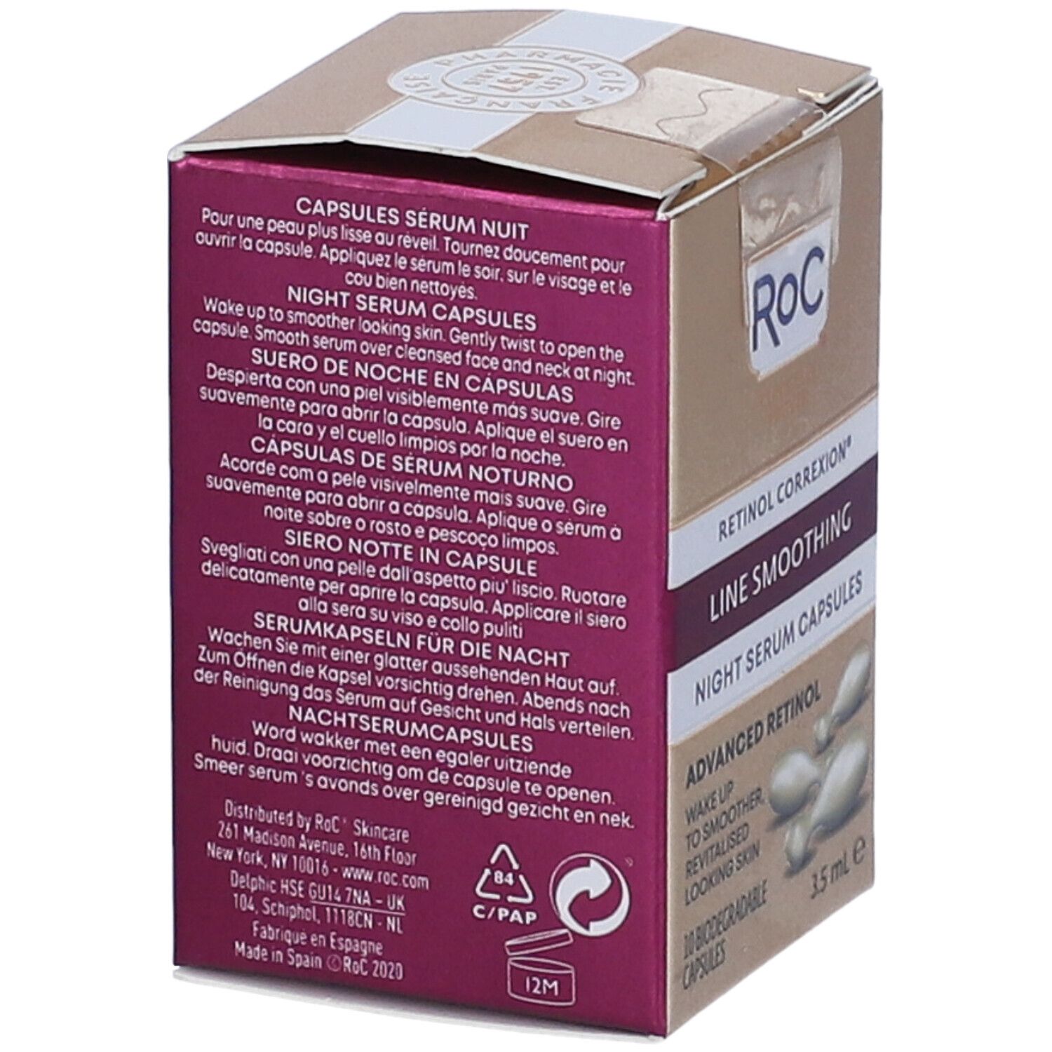 Retro confezione Roc Retinol Correxion Line Smoothing Night Serum Capsules. Testo multilingue, informazioni e ingredienti.