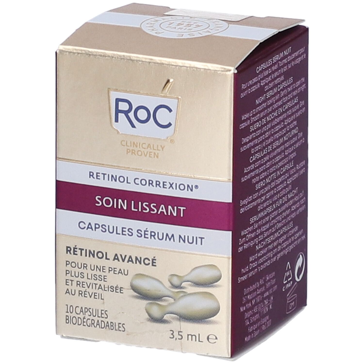 Confezione Roc Retinol Correxion Line Smoothing Night Serum Capsules. Scatola dorata con nome prodotto e immagine capsule.