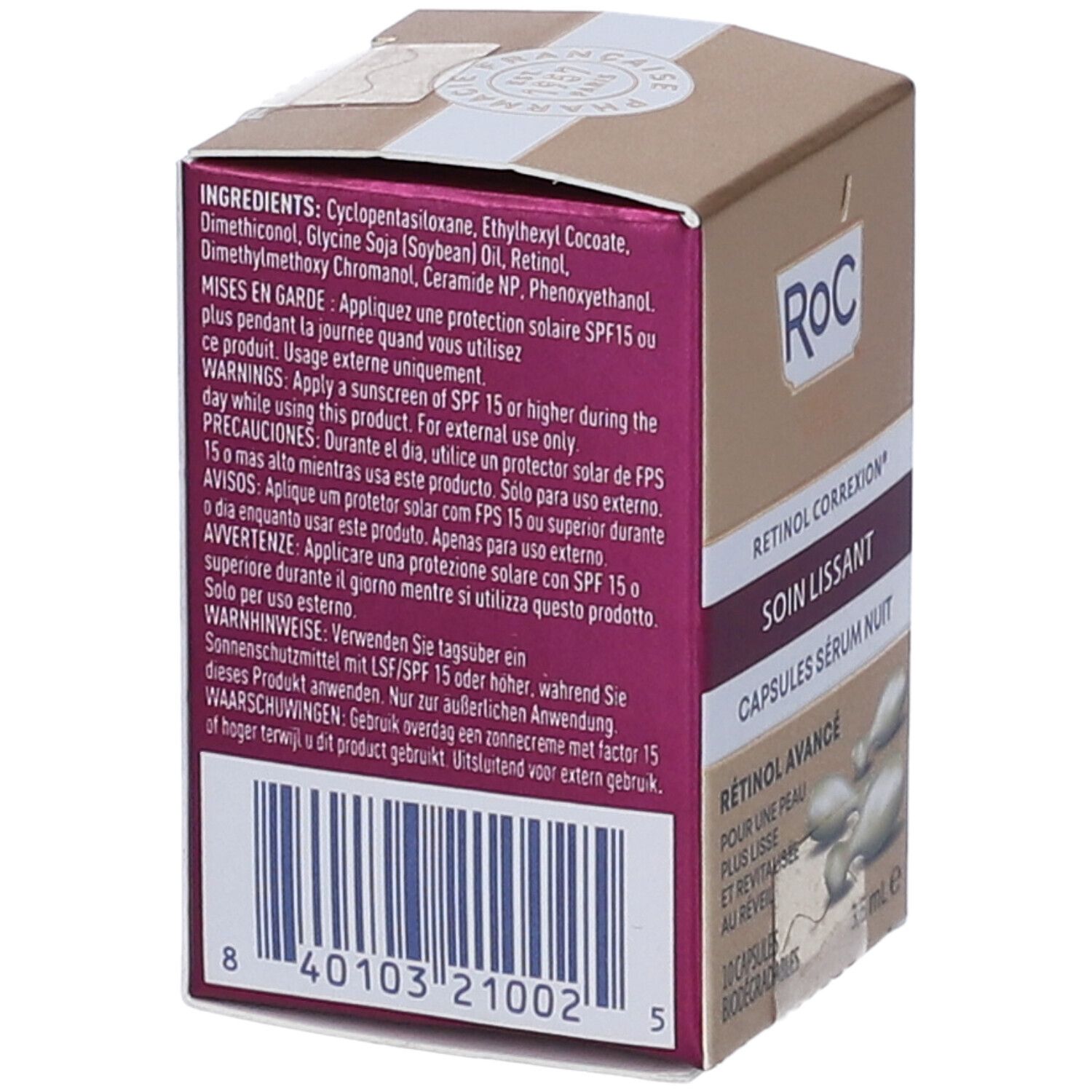 Retro confezione Roc Retinol Correxion Line Smoothing Night Serum Capsules. Ingredienti, avvertenze e codice a barre.
