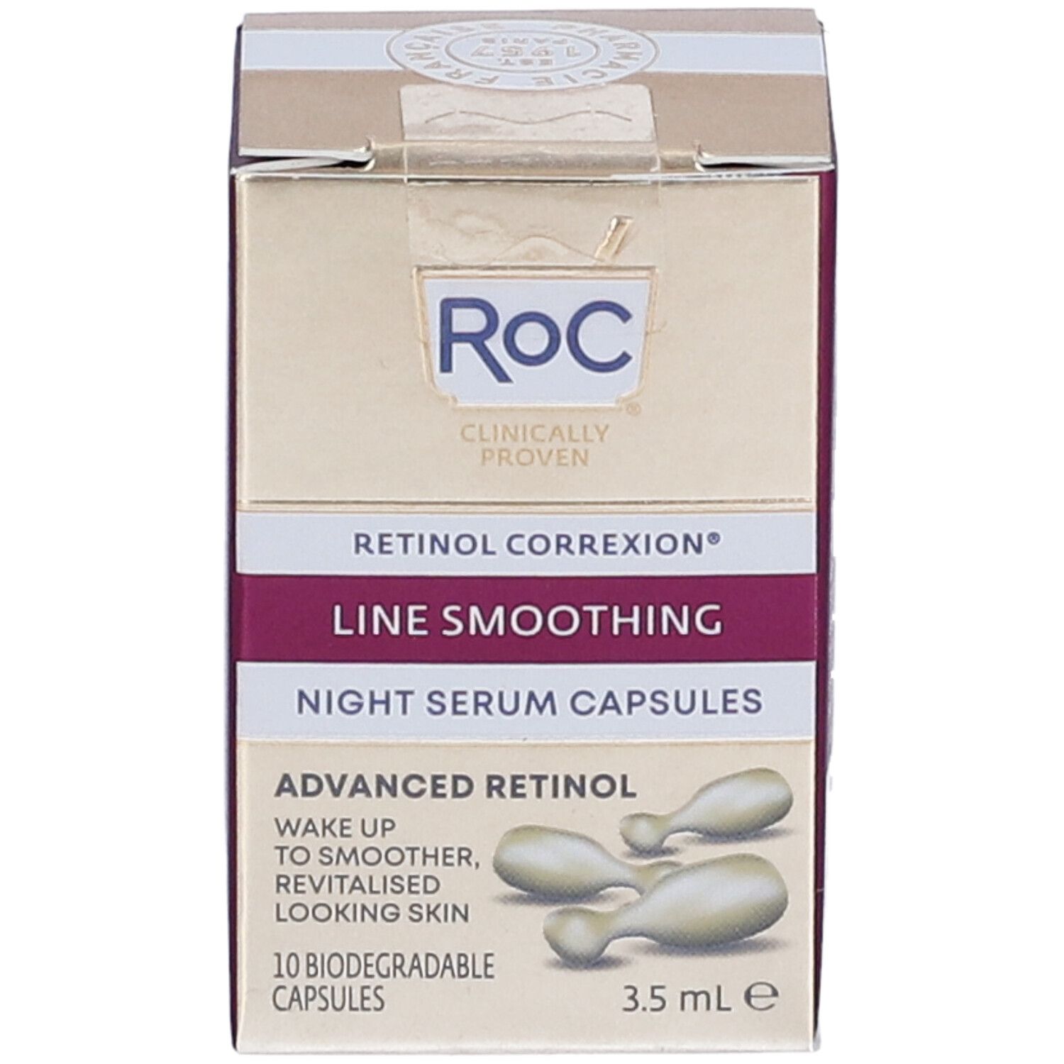 Confezione Roc Retinol Correxion Line Smoothing Night Serum Capsules. Scatola dorata con nome prodotto e immagine capsule.