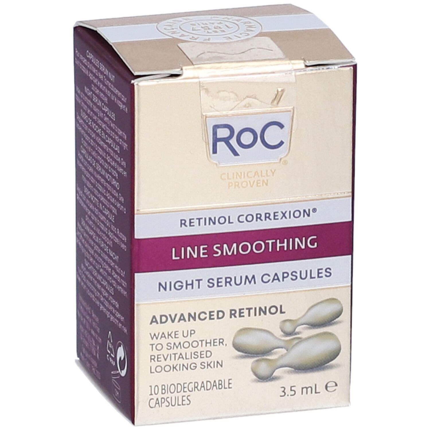Confezione Roc Retinol Correxion Line Smoothing Night Serum Capsules. Scatola dorata con nome prodotto e immagine capsule.