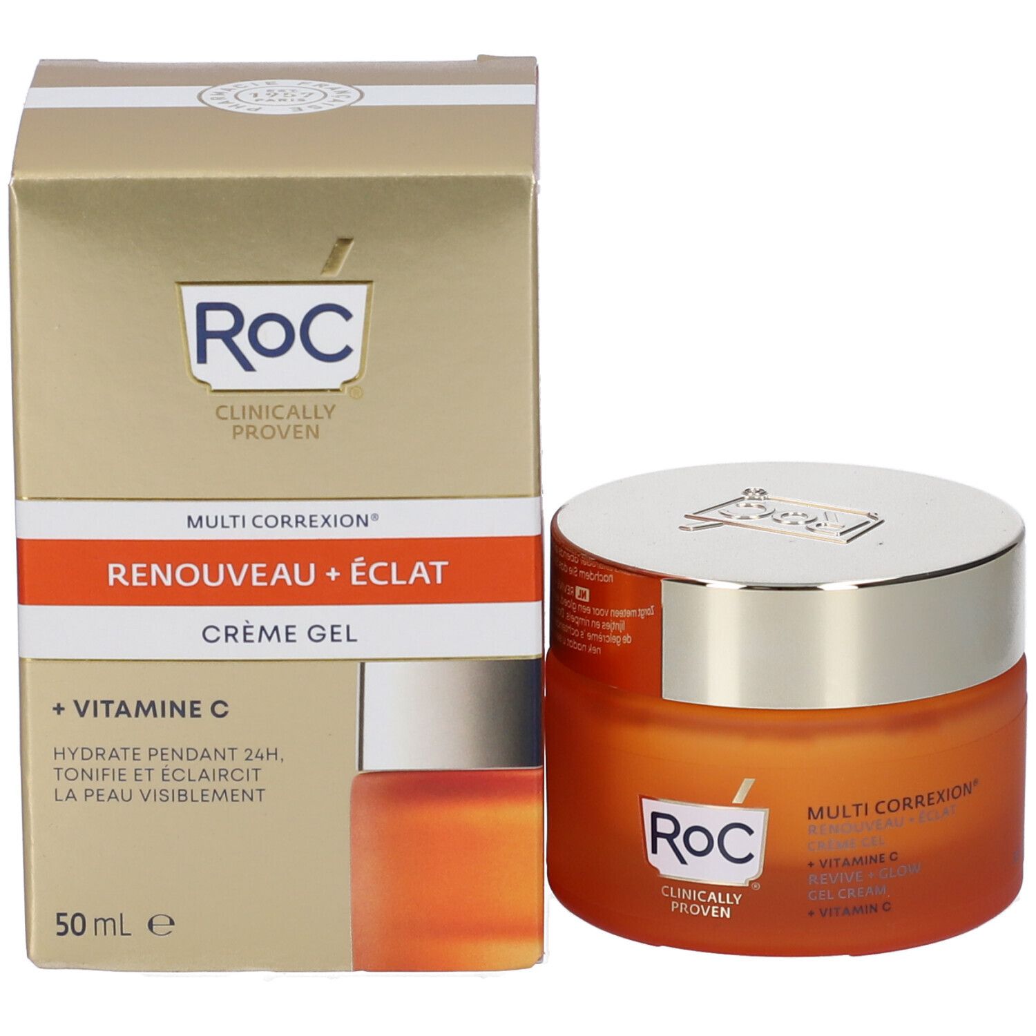 Confezione del prodotto con vasetto di crema gel e scatola. Scritta: Roc, Multi Correxion, Revive + Eclat, 50 ml.