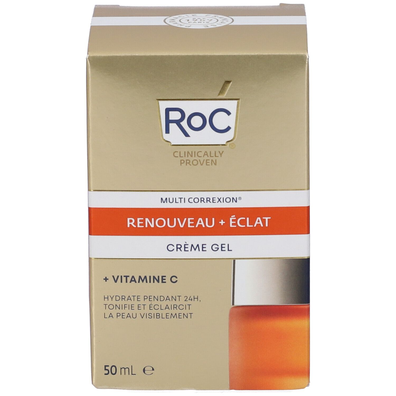 Confezione del prodotto con scatola. Scritta: Roc, Multi Correxion, Revive + Eclat, Crema Gel, 50 ml.